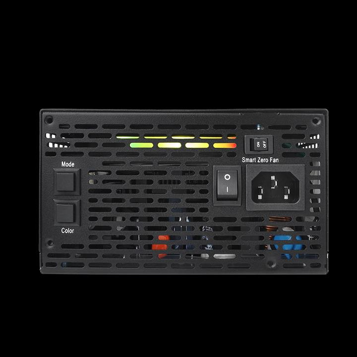 Schwarze Computer-Netzteil mit Tasten "Mode" & "Color" und Schaltern.