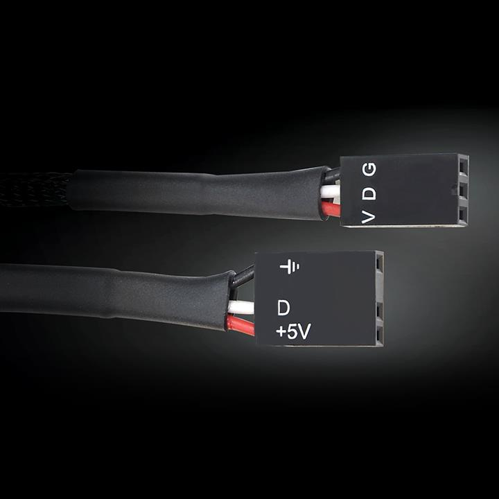 Zwei schwarze Kabel mit Steckern, beschriftet mit VDG und D +5V.