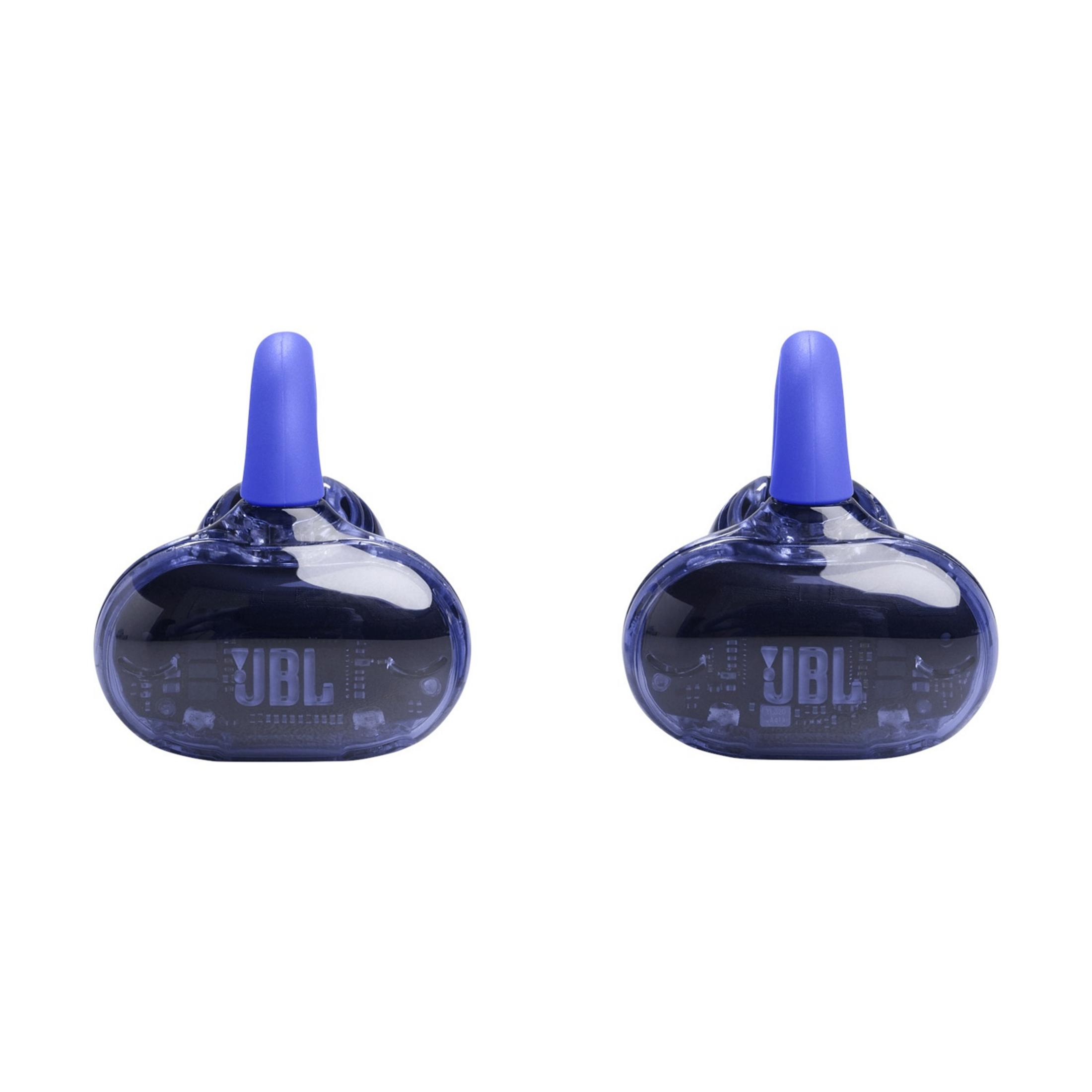 Zwei transparente blaue JBL-Kopfhörer mit blauen Spitzen auf weißem Hintergrund.