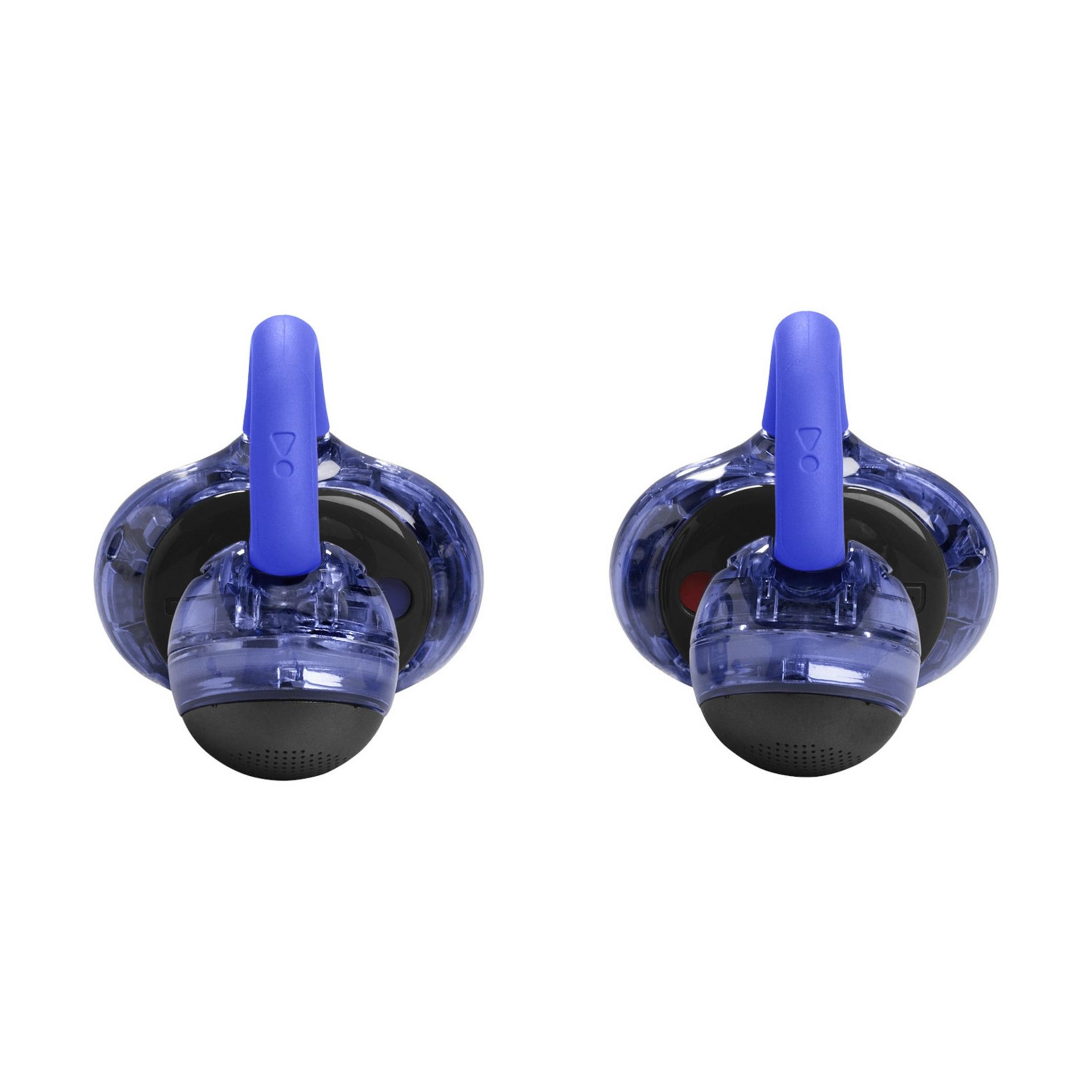 Zwei transparente blaue Ohrhörer mit schwarzen Spitzen und blauen Bügeln.
