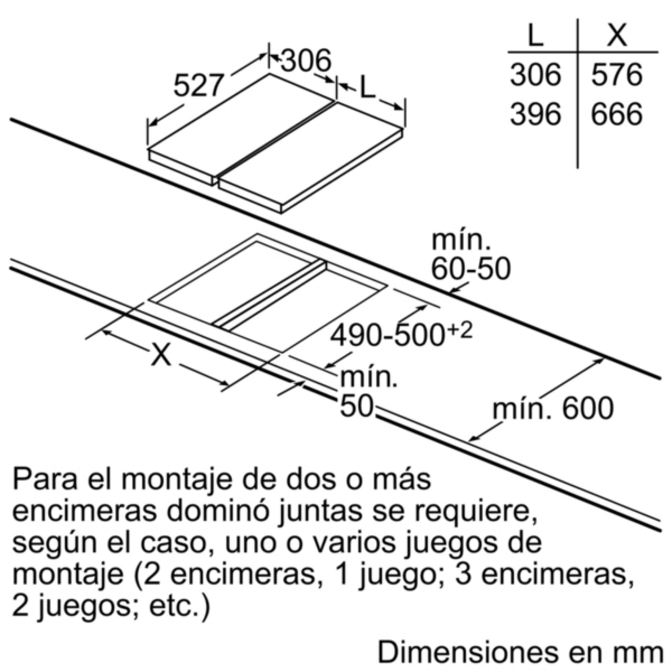 Diagrama muestra dimensiones de instalación para vitrocerámicas con medidas en mm.