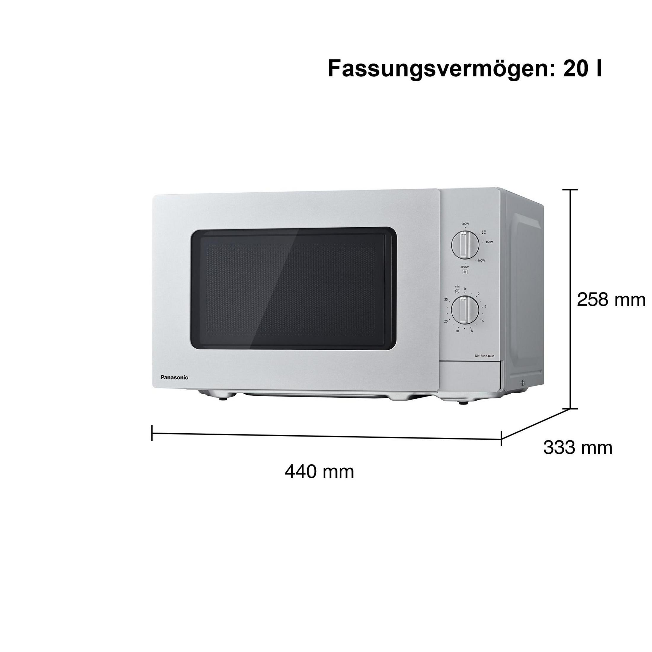 Microonde Panasonic bianco, capacità 20 L. Dimensioni: 440x333x258 mm.