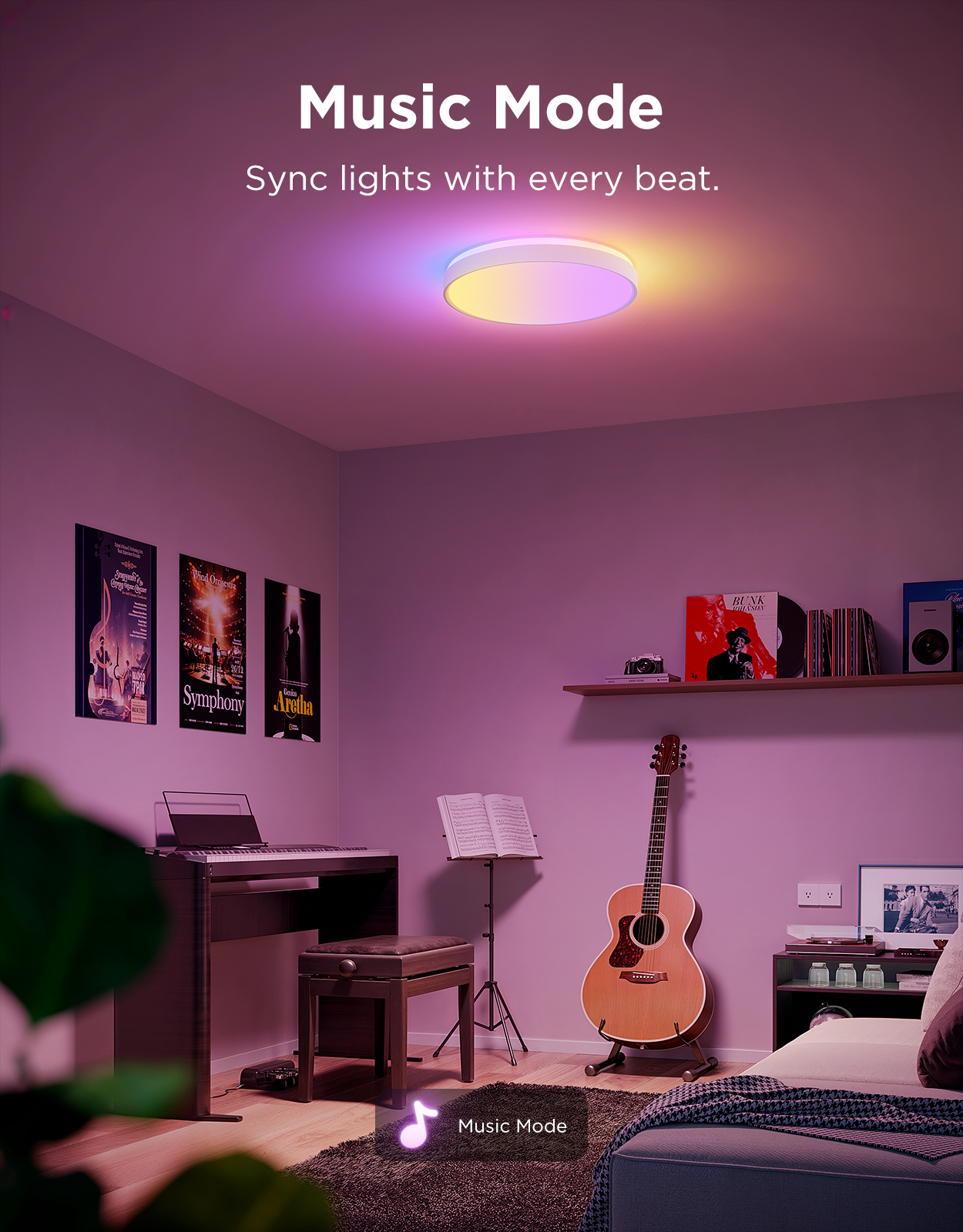 A room with a piano, guitar, and music posters, lit by a ceiling light.