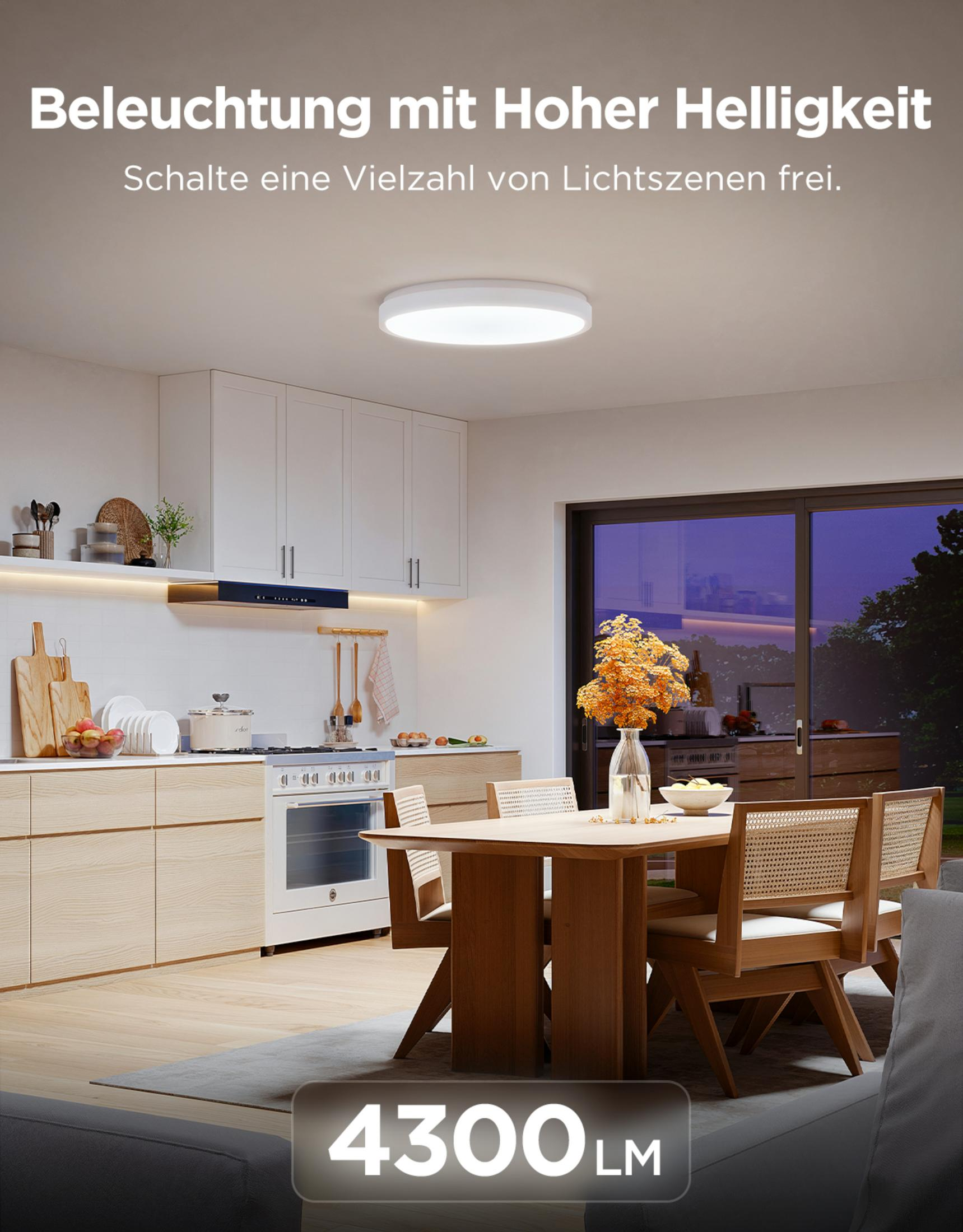 Modern kitchen with dining table, lit by a 4300 lumen ceiling light.