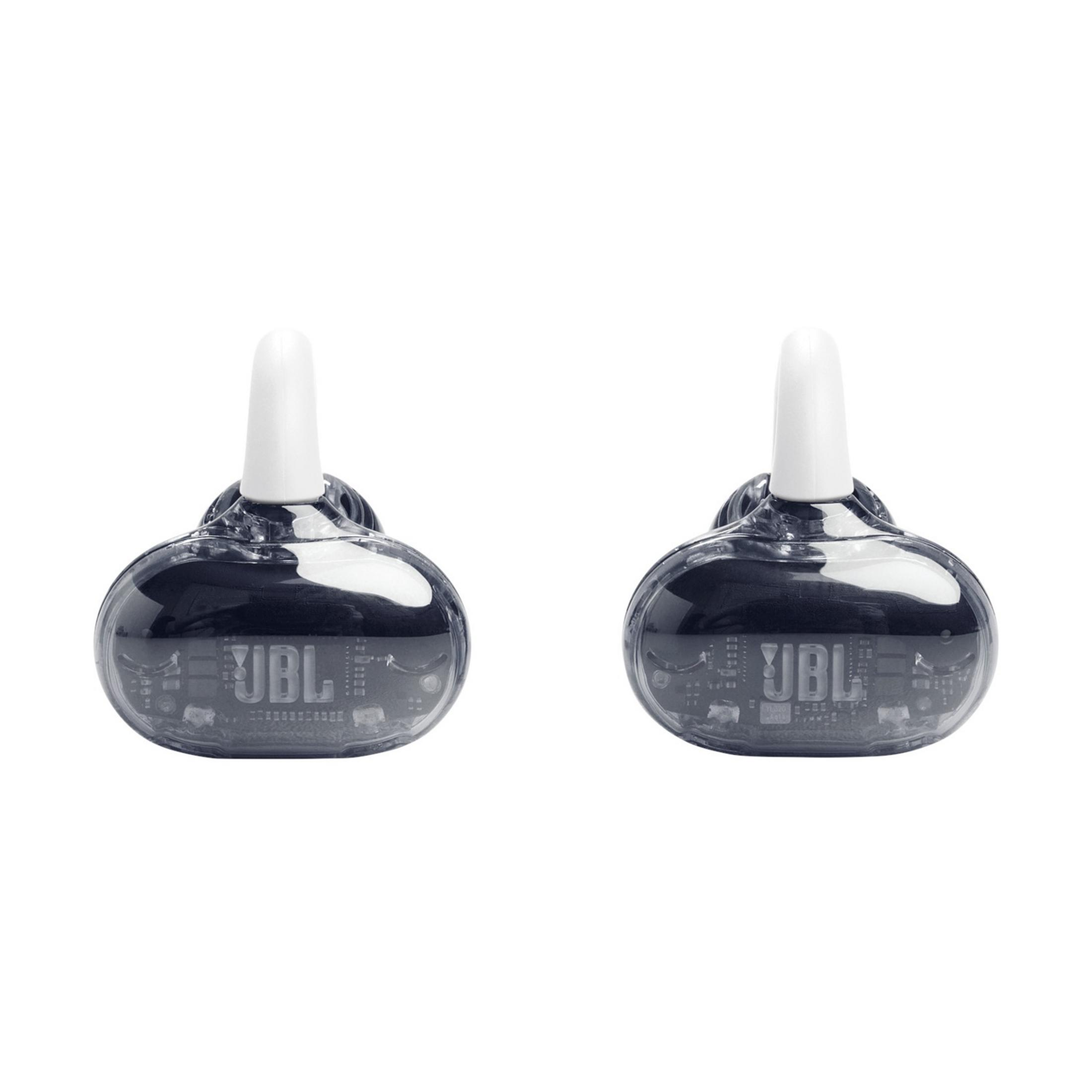 Due auricolari trasparenti con punte bianche e logo JBL.