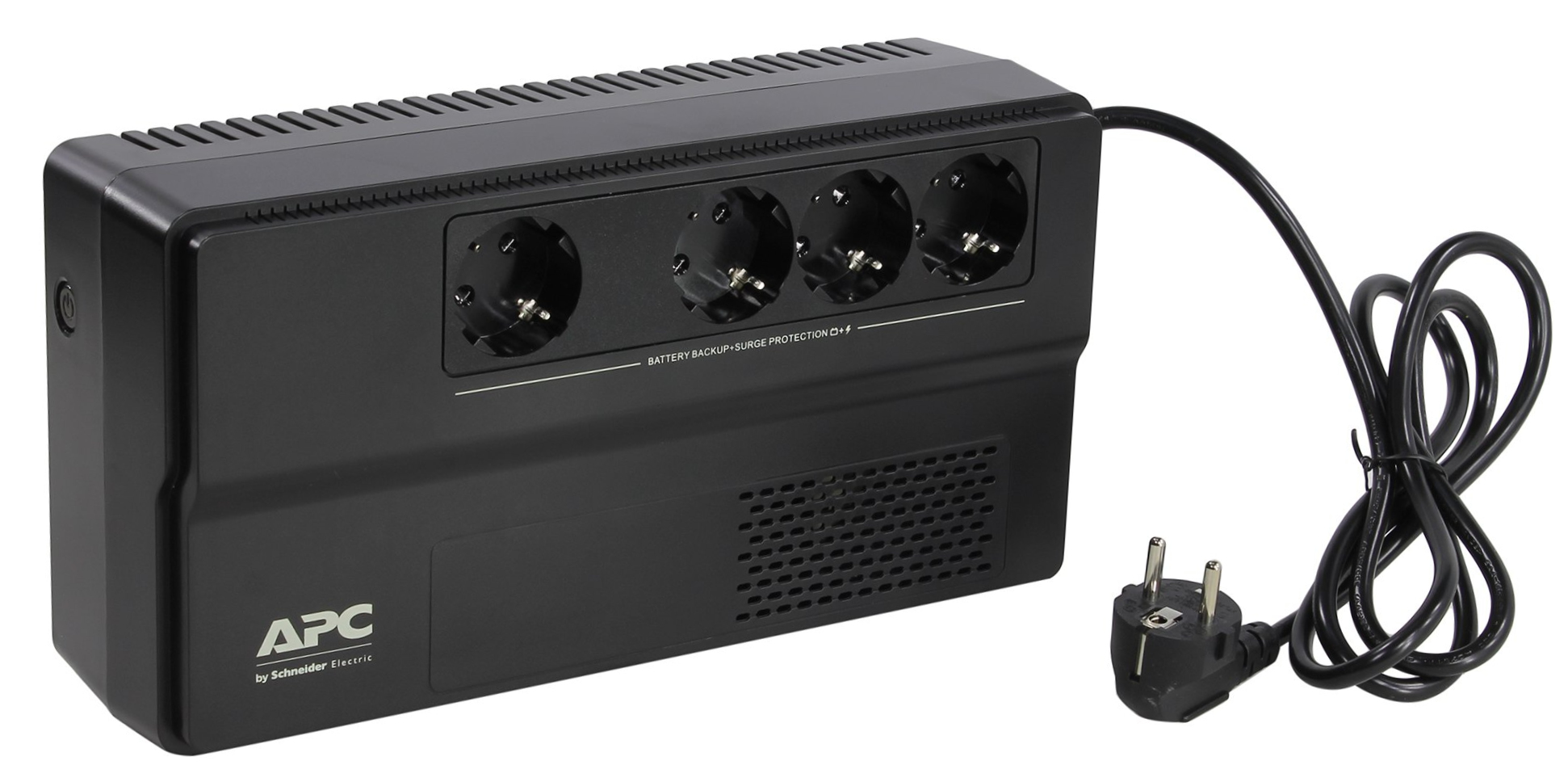 Unidad APC UPS negra con cuatro enchufes, cable de alimentación y enchufe.