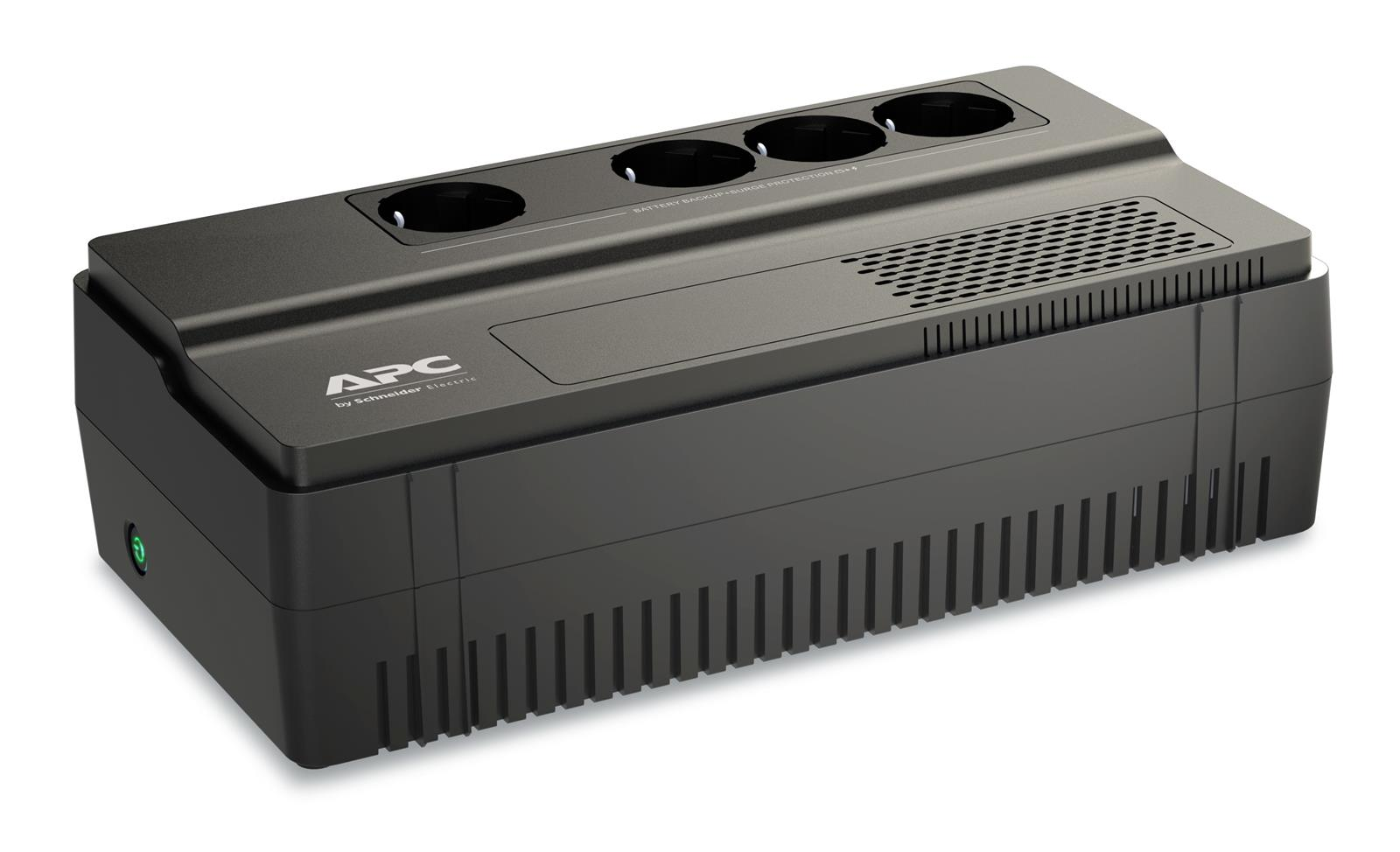 Fuente de alimentación APC negra con enchufes, rejillas de ventilación y luz LED verde.