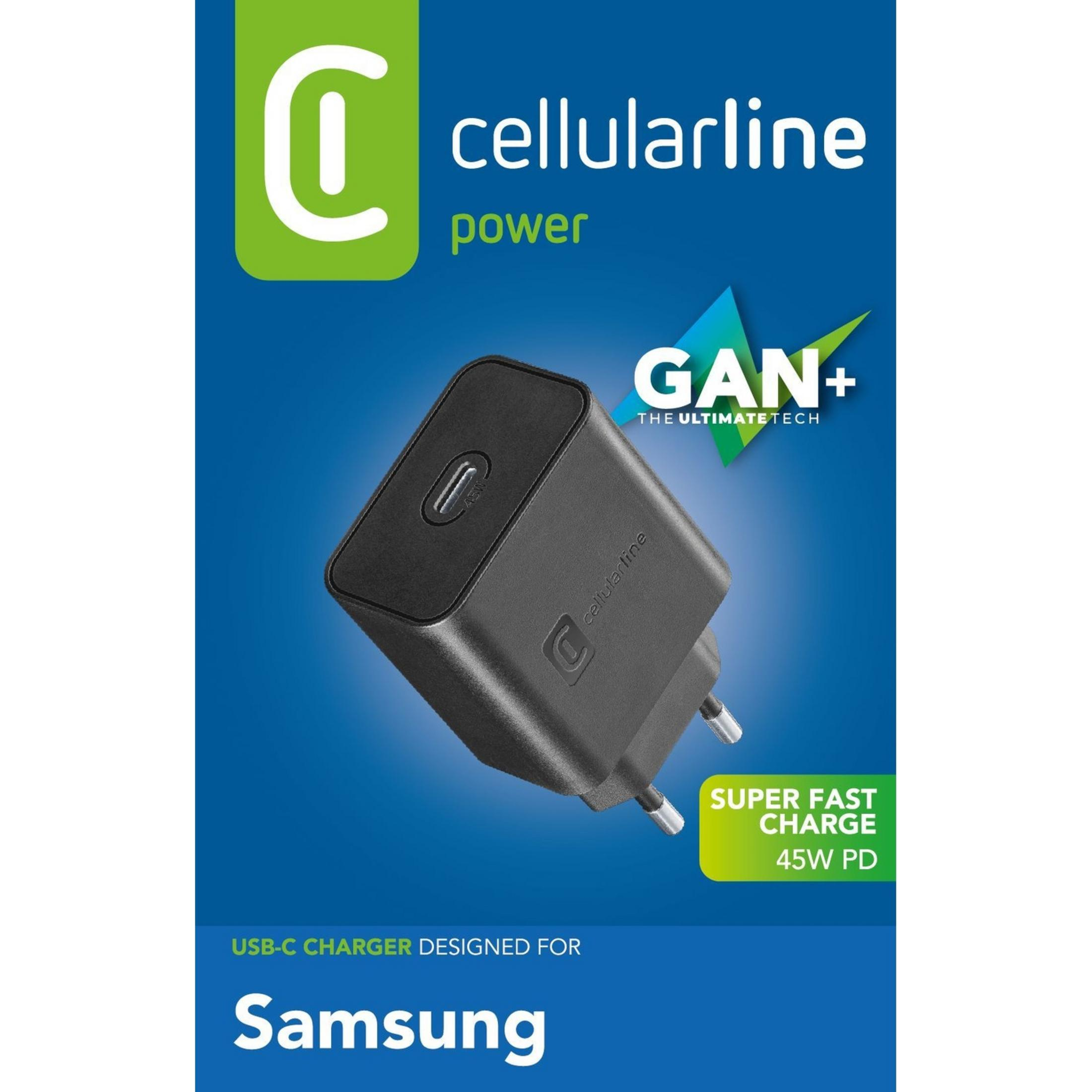 Cargador USB-C negro Cellularline 45W PD para Samsung con tecnología GAN+.