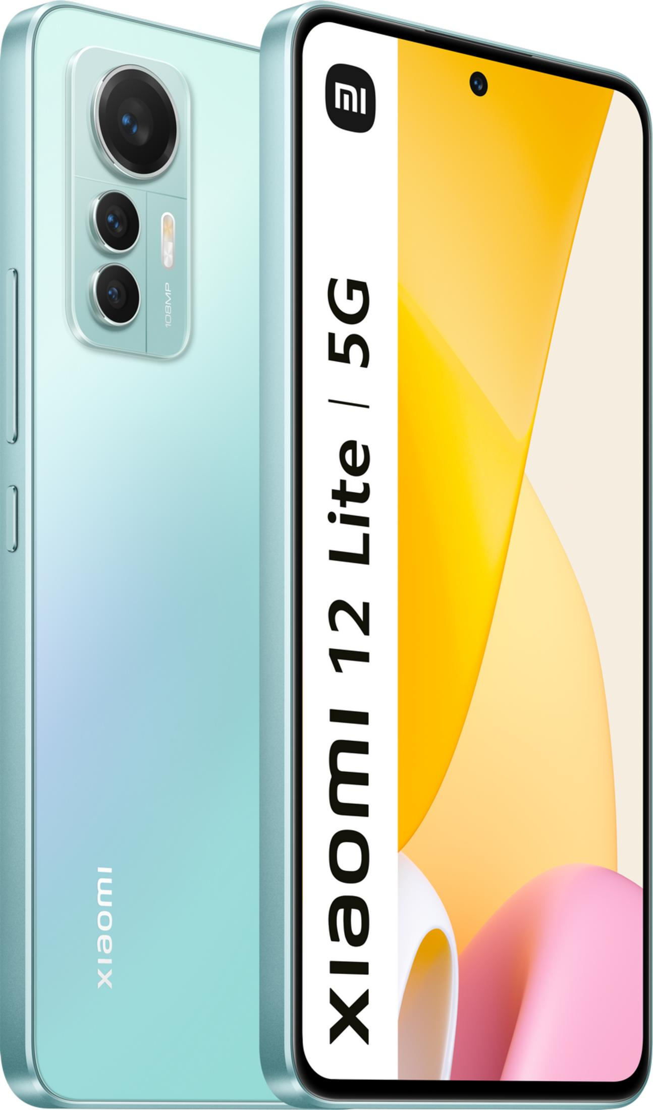 Jasnoniebieski smartfon Xiaomi 12 Lite 5G z potrójnym aparatem.