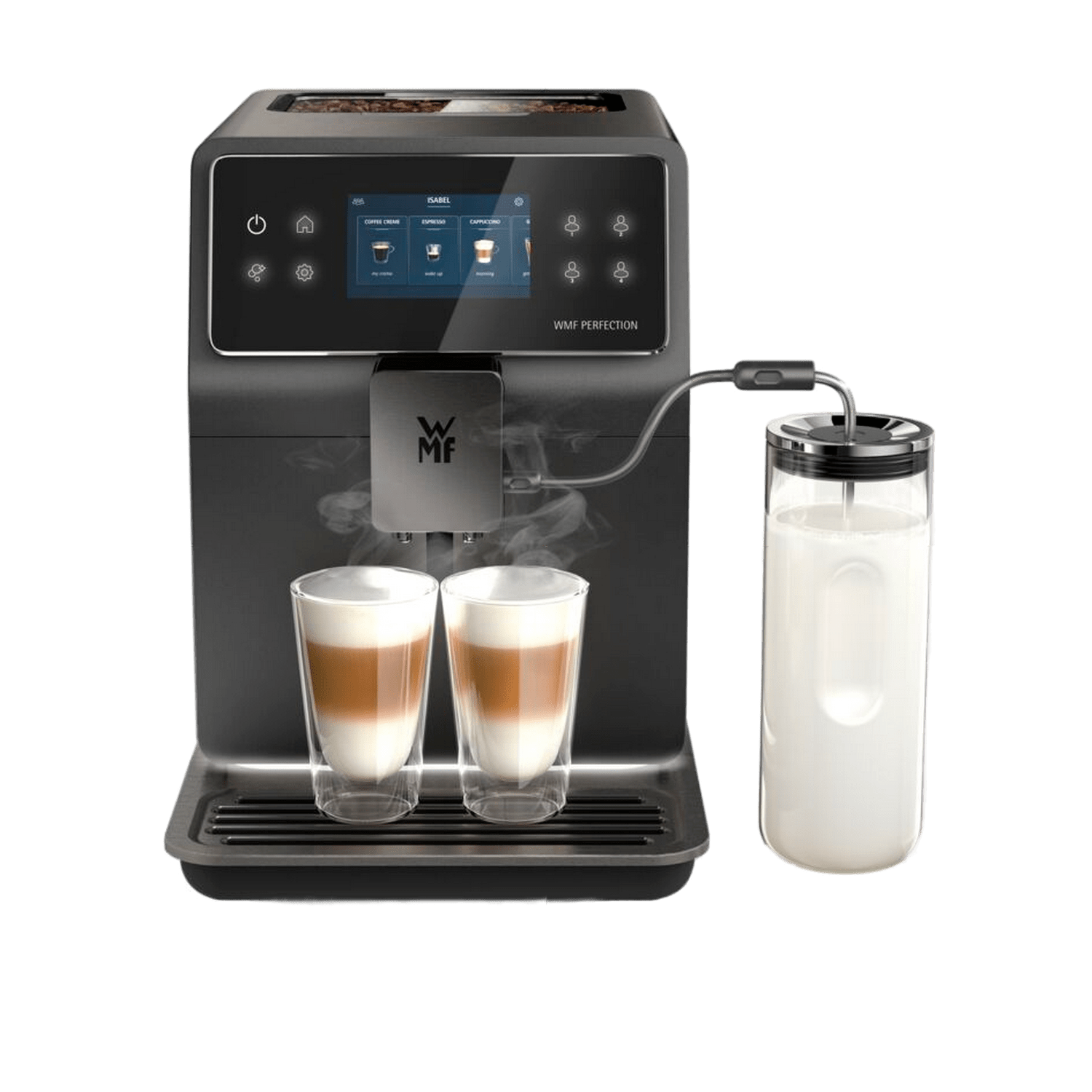 Eine schwarze Kaffeemaschine mit zwei fertigen Latte Macchiatos und einem Milchbehälter.