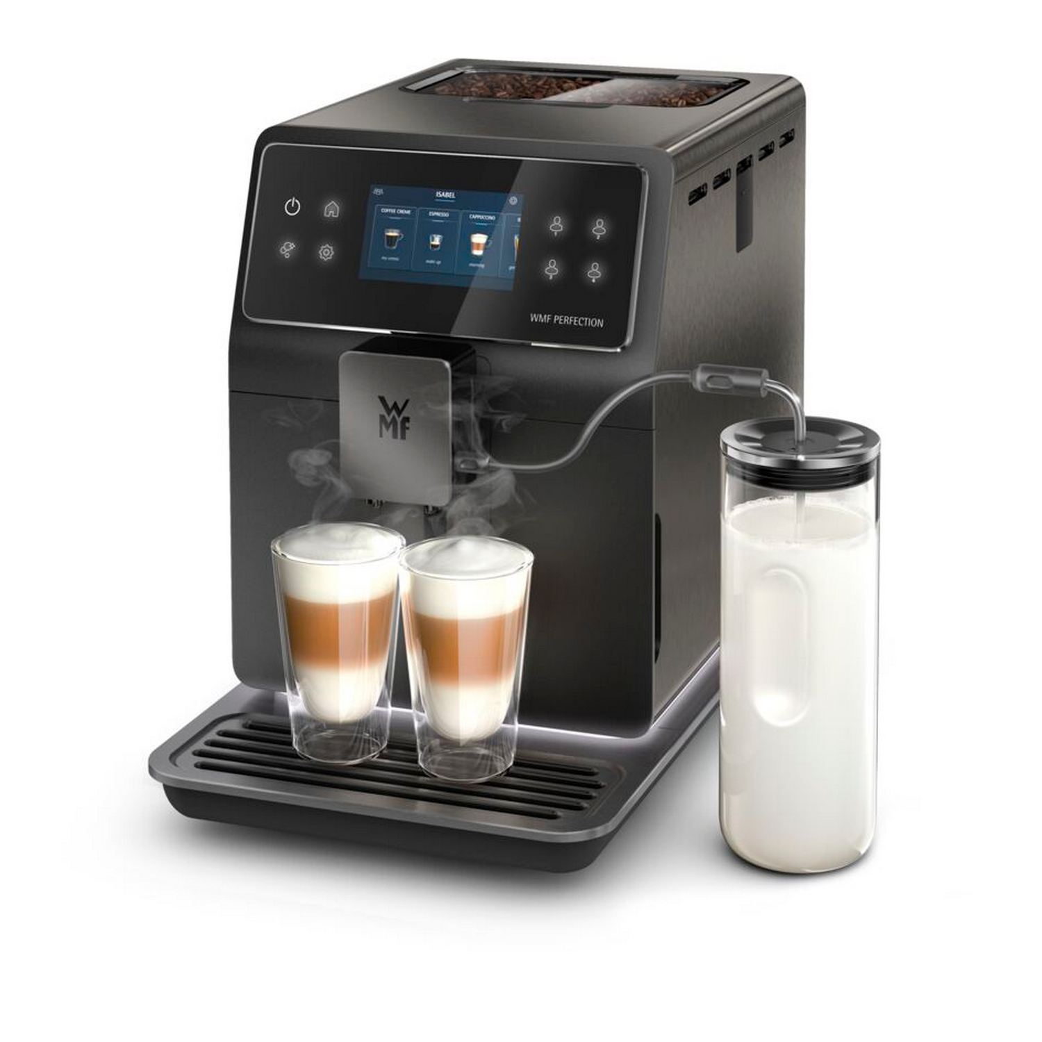 Schwarze Kaffeemaschine mit zwei Latte-Gläsern und Milchkaraffe.