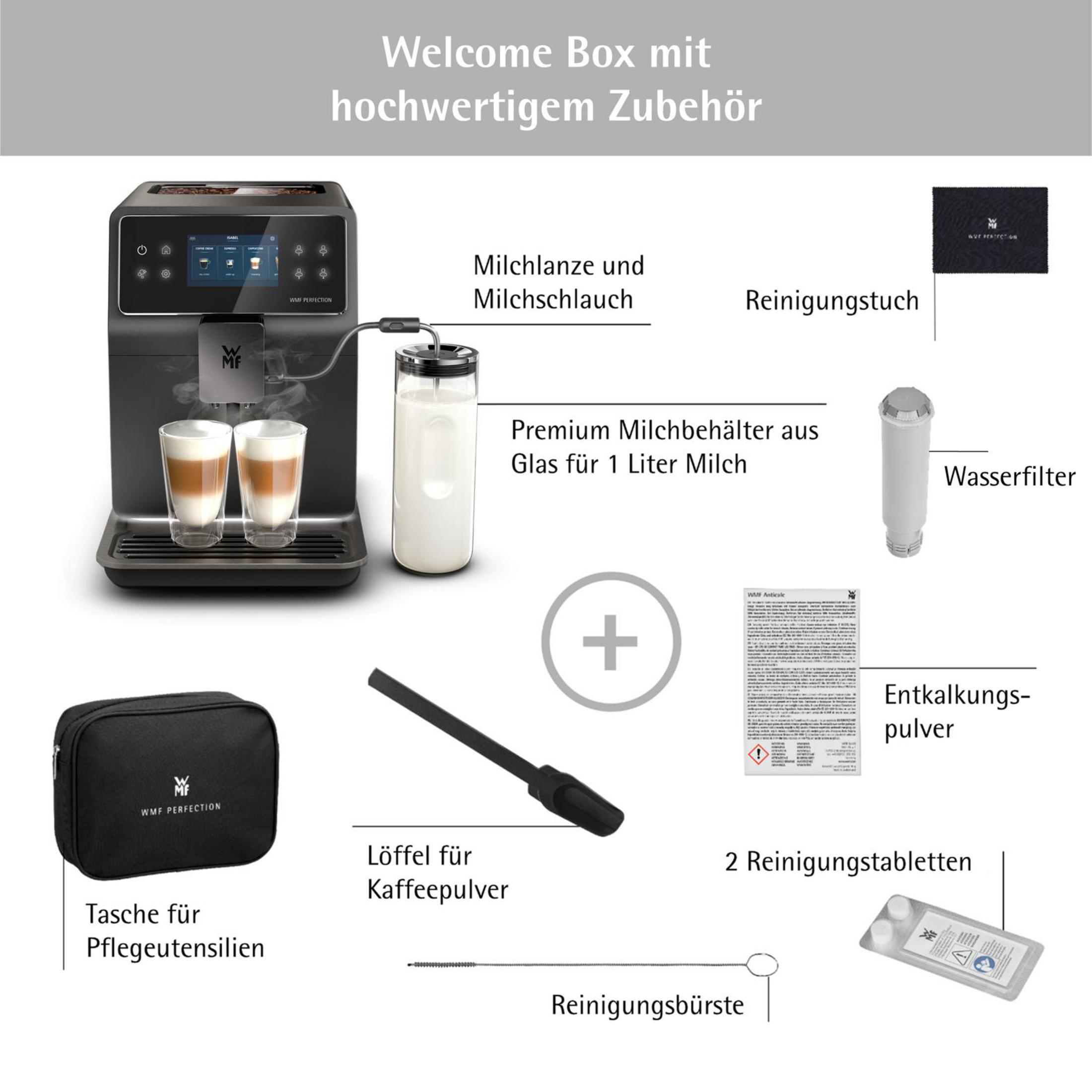 WMF Kaffeemaschine mit Zubehör: Milchbehälter, Filter, Bürste, Löffel, Reinigungsmittel.