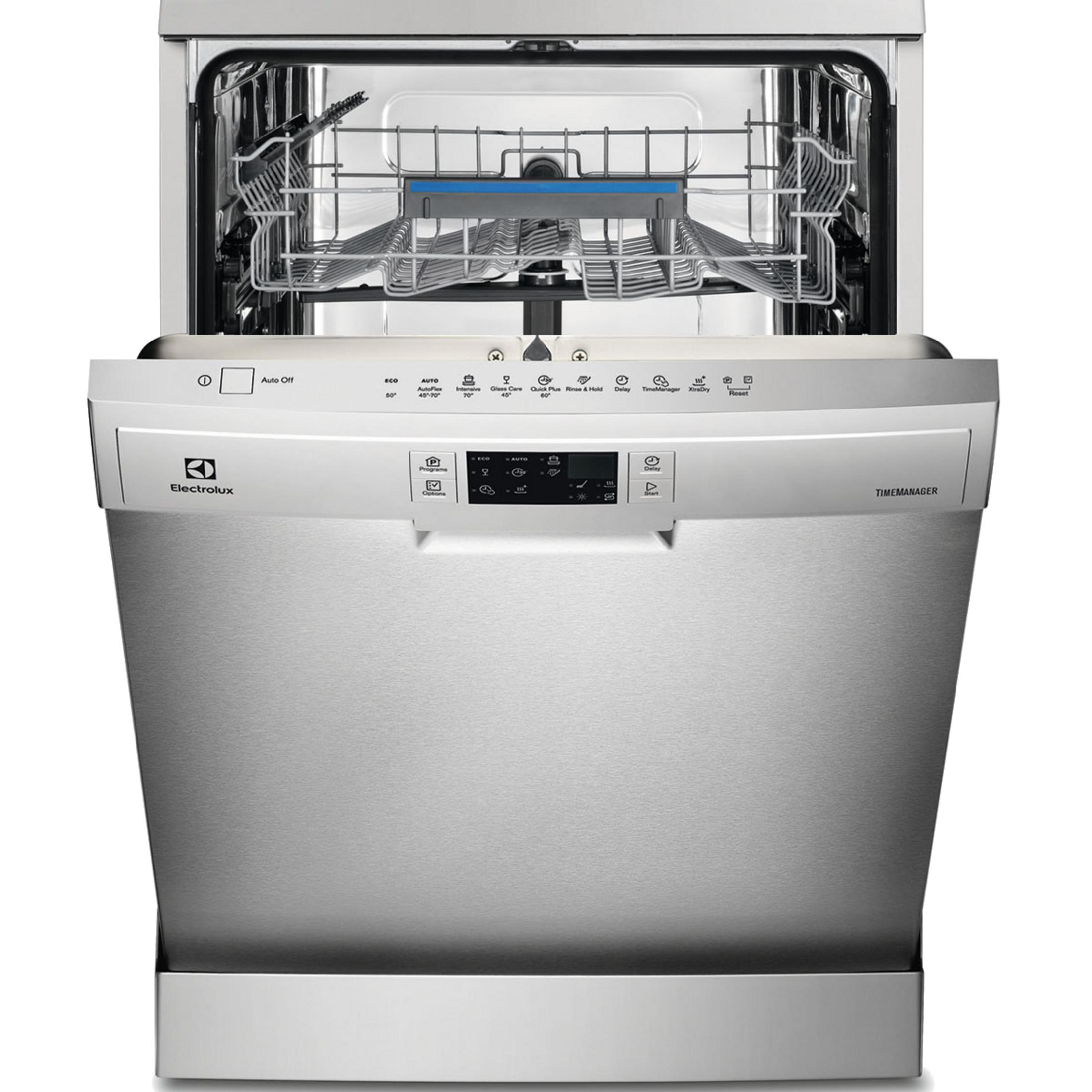Una lavastoviglie Electrolux argentata con porta aperta, mostra cestelli.