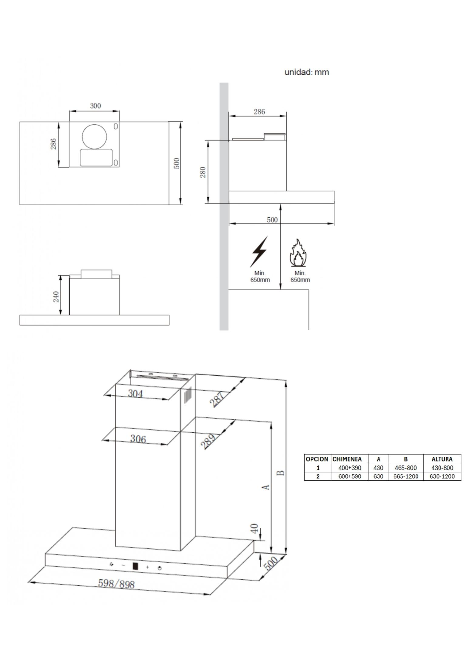 Dibujo técnico de una campana extractora con medidas y opciones.