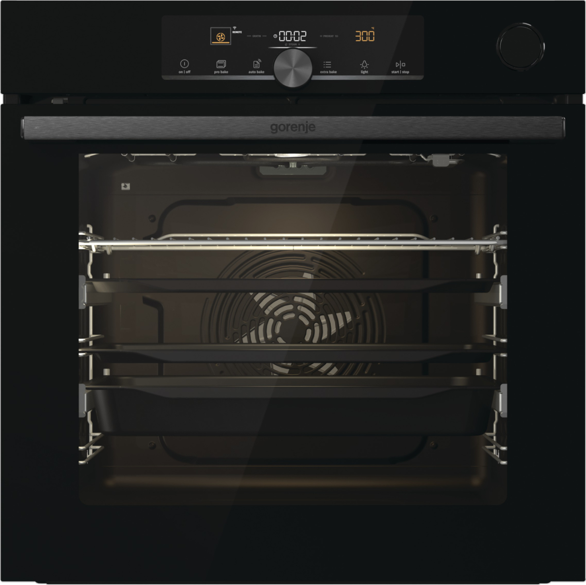 Ein schwarzer Gorenje-Ofen mit digitalem Bedienfeld und Lüfter im Inneren.