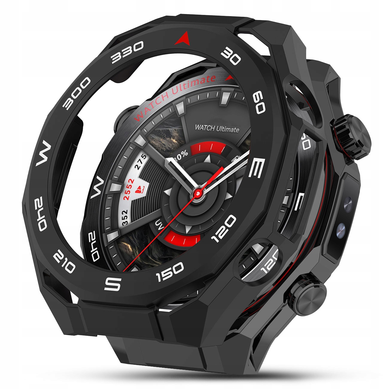 Czarny smartwatch z tarczą przypominającą kompas i czerwonymi akcentami. Liczby i oznaczenia zdobią ramkę.