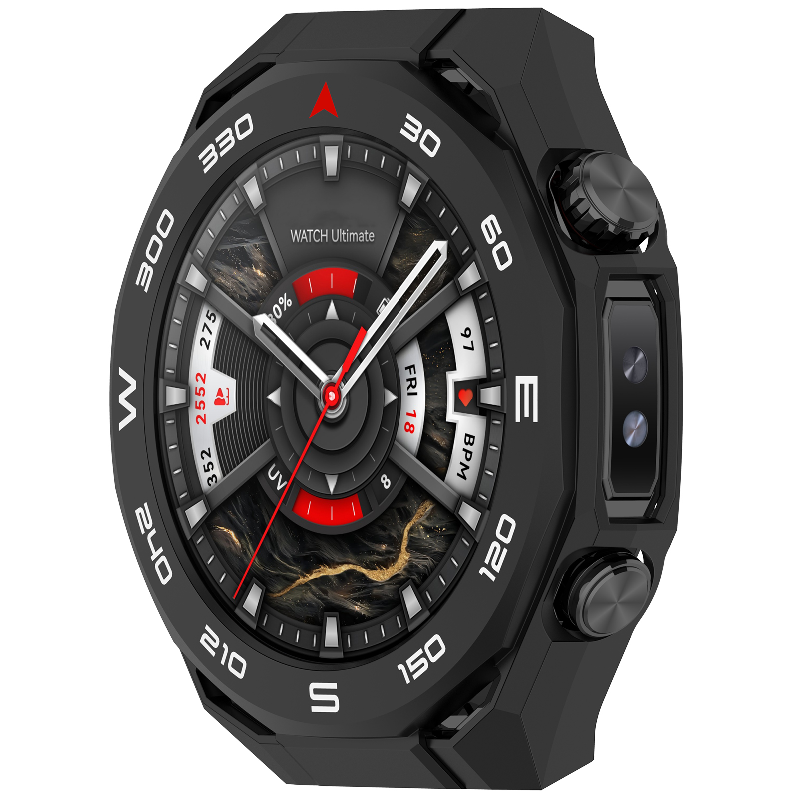 Czarny smartwatch ze szczegółową tarczą, kompasem i wskaźnikiem tętna.