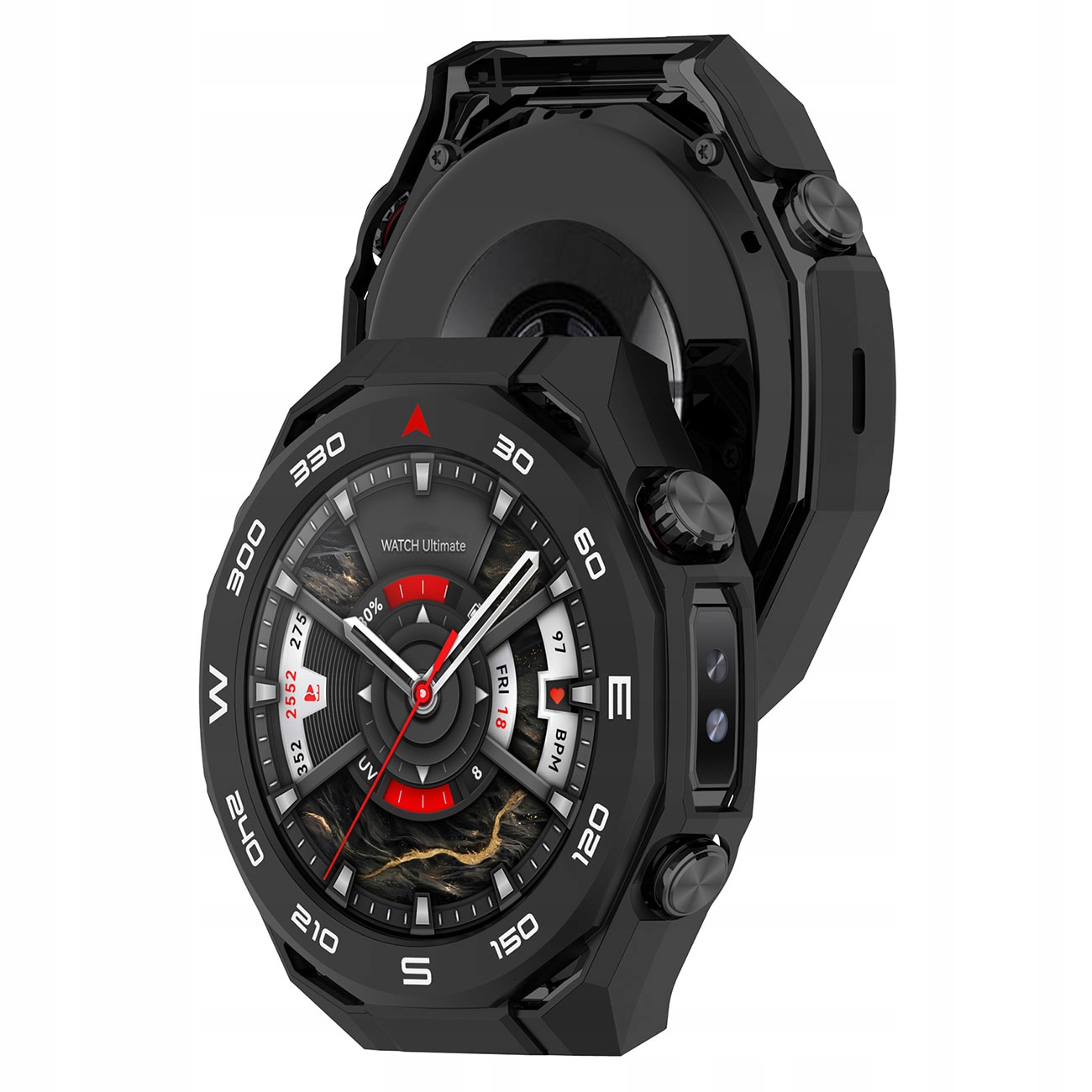 Czarny smartwatch z wieloma wyświetlaczami tarczy, takimi jak tętno i data.