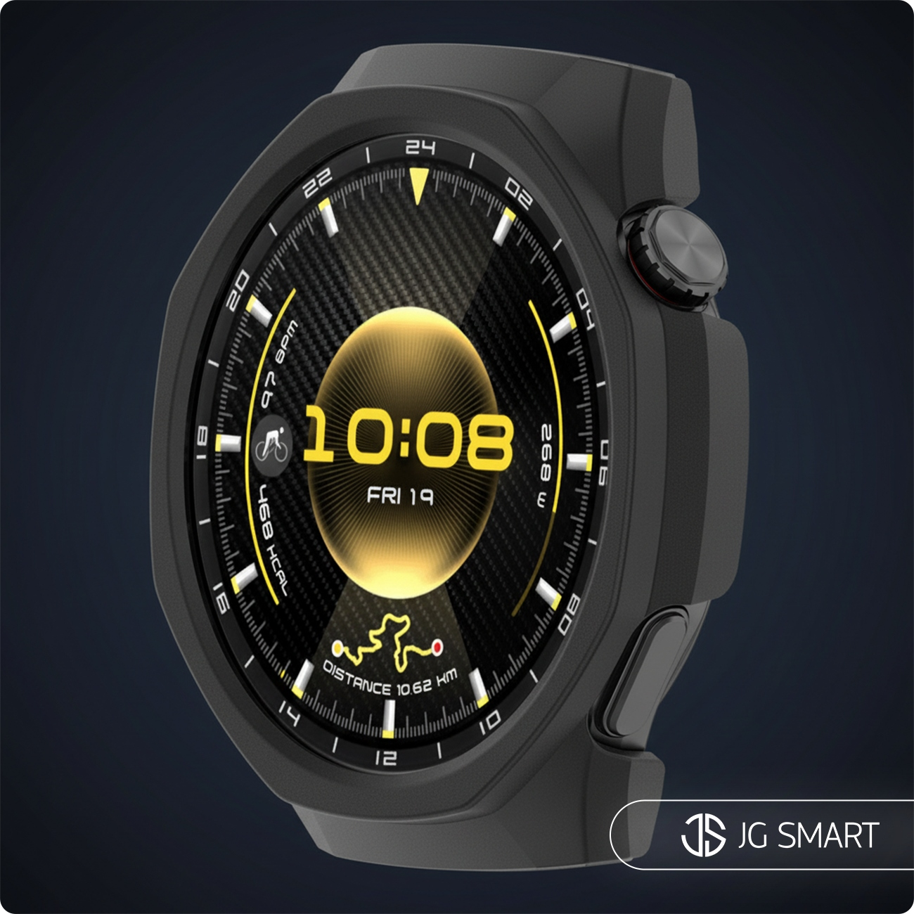Czarny smartwatch wyświetlający 10:08 z danymi dotyczącymi kondycji.