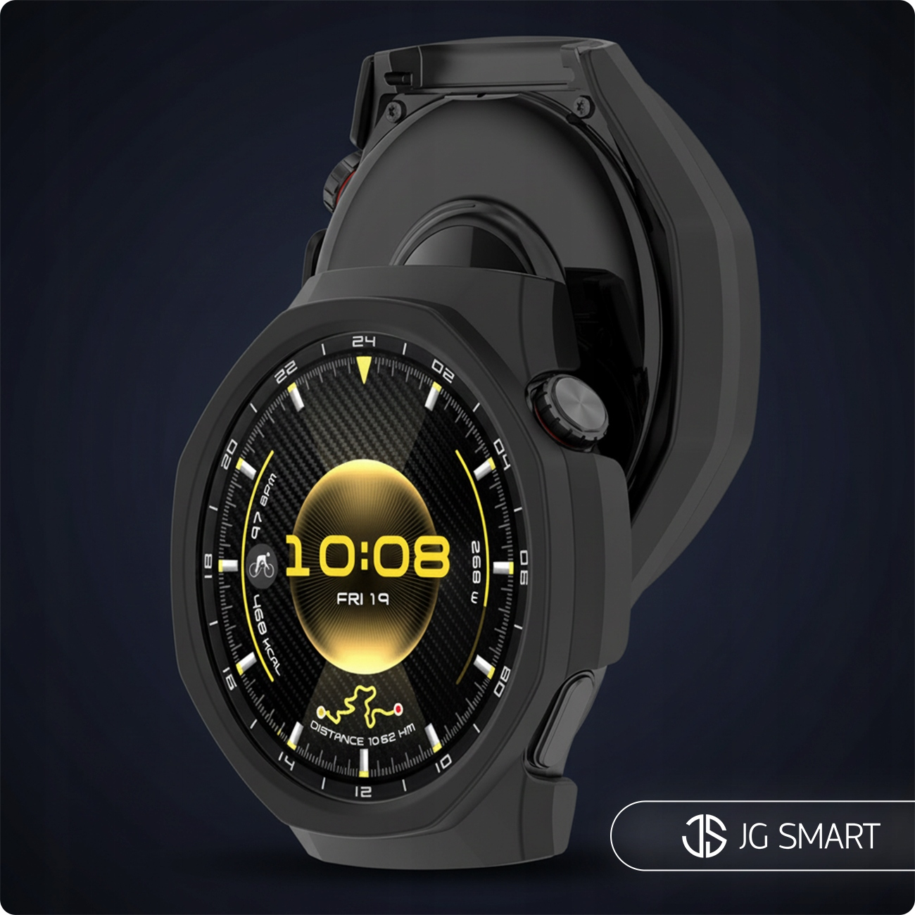 Czarny smartwatch z podświetlanym wyświetlaczem pokazującym 10:08.