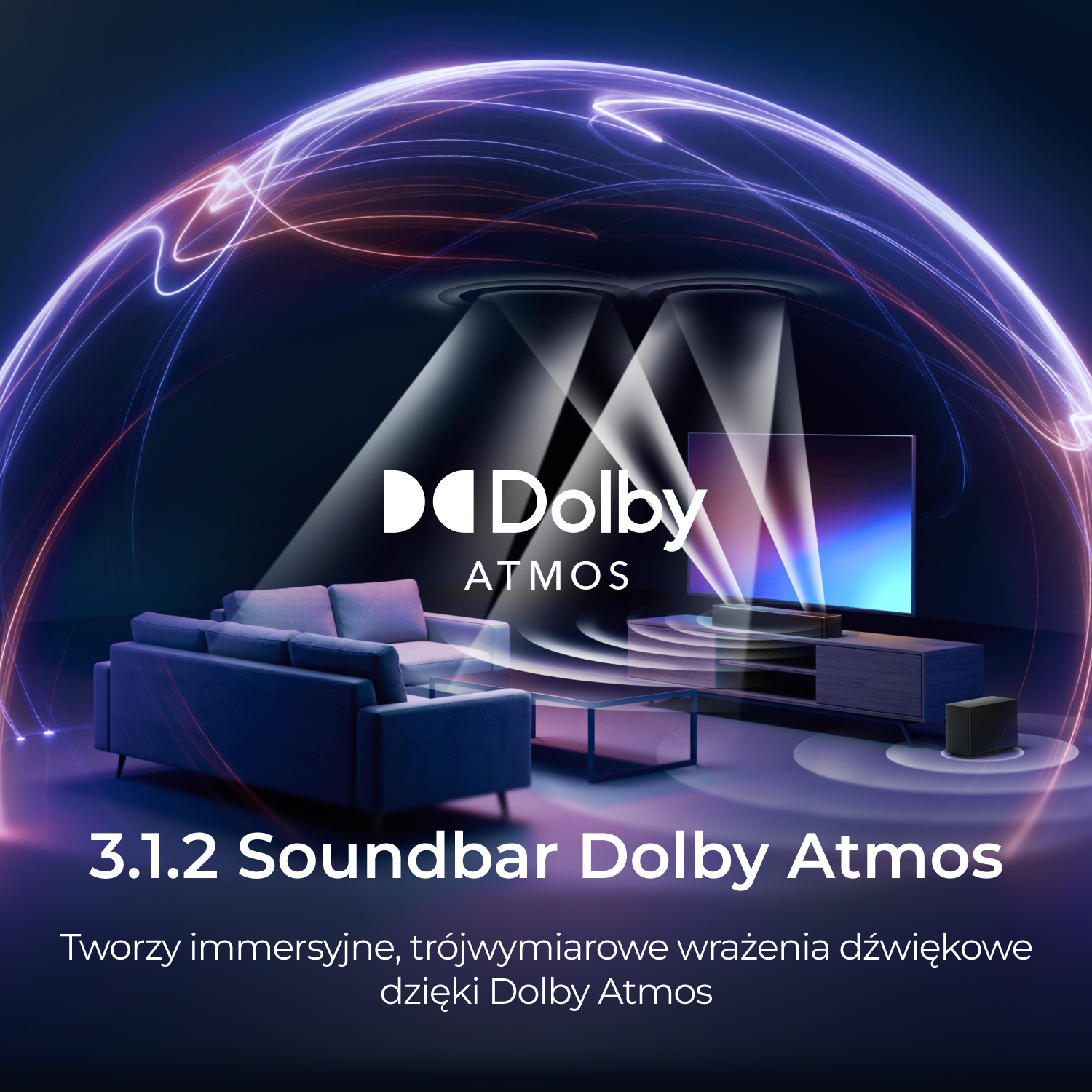 Salon z sofą, telewizorem i logo Dolby Atmos, otoczony efektami świetlnymi.