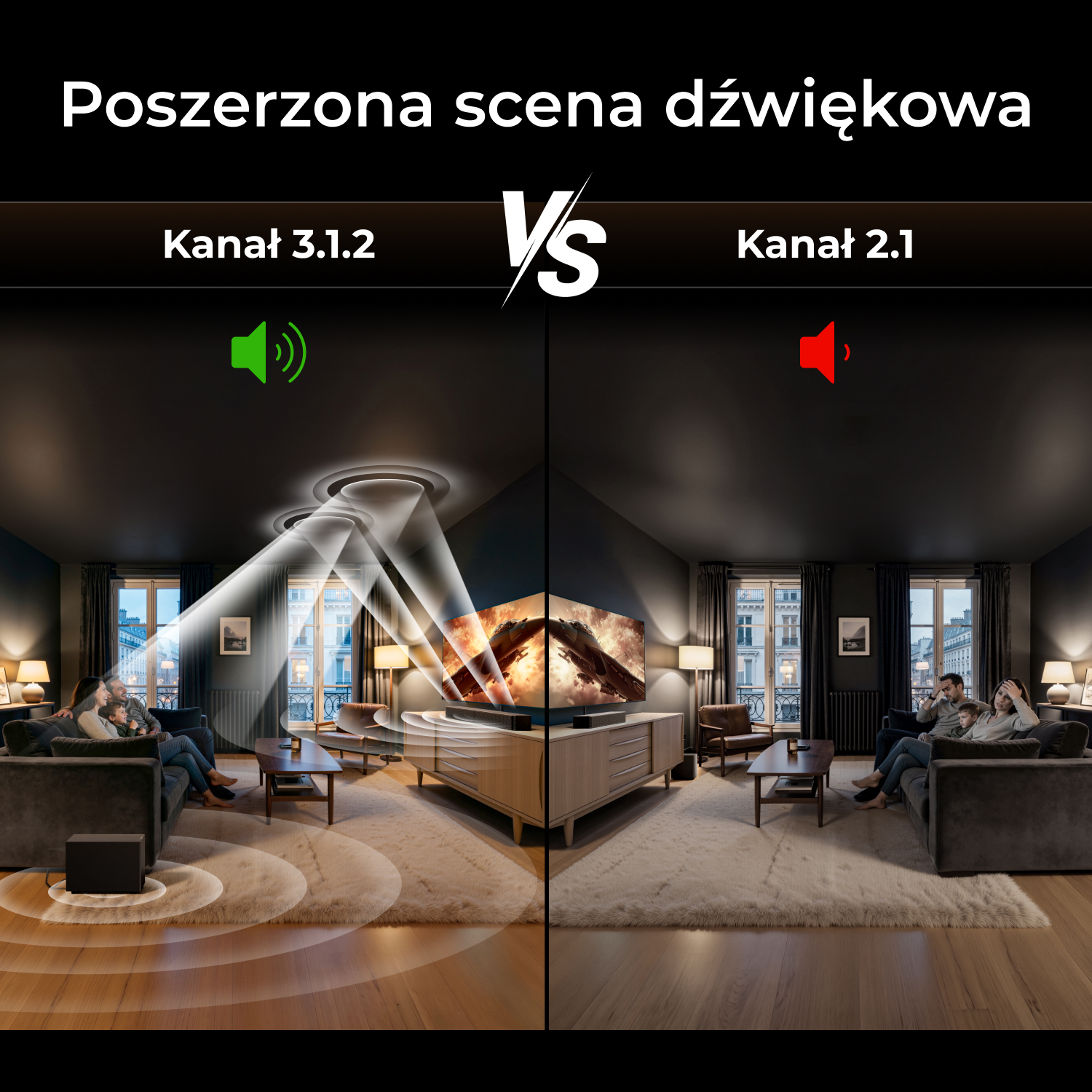 Porównanie kanałów 3.1.2 vs 2.1 w salonie z telewizorem i rodzinami.