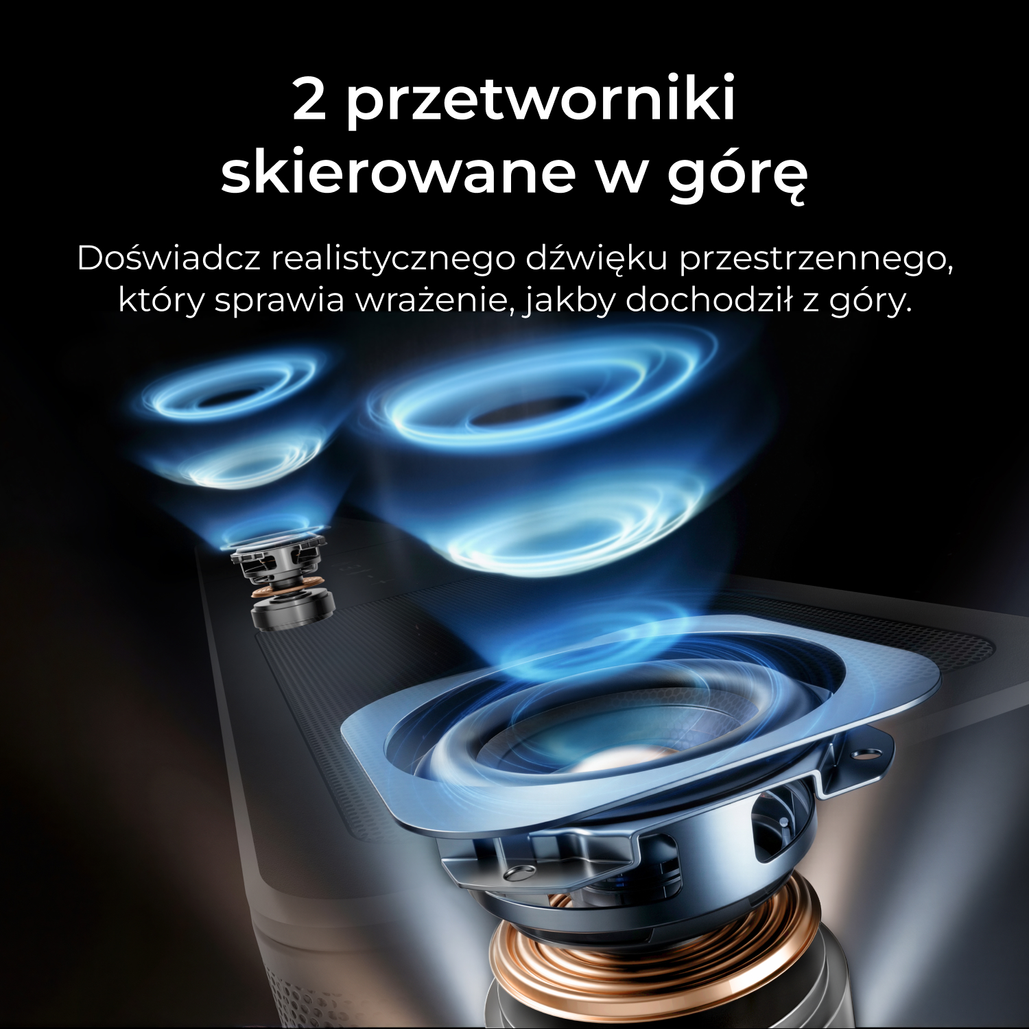 Dwa głośniki skierowane w górę z niebieskimi falami dźwięku.