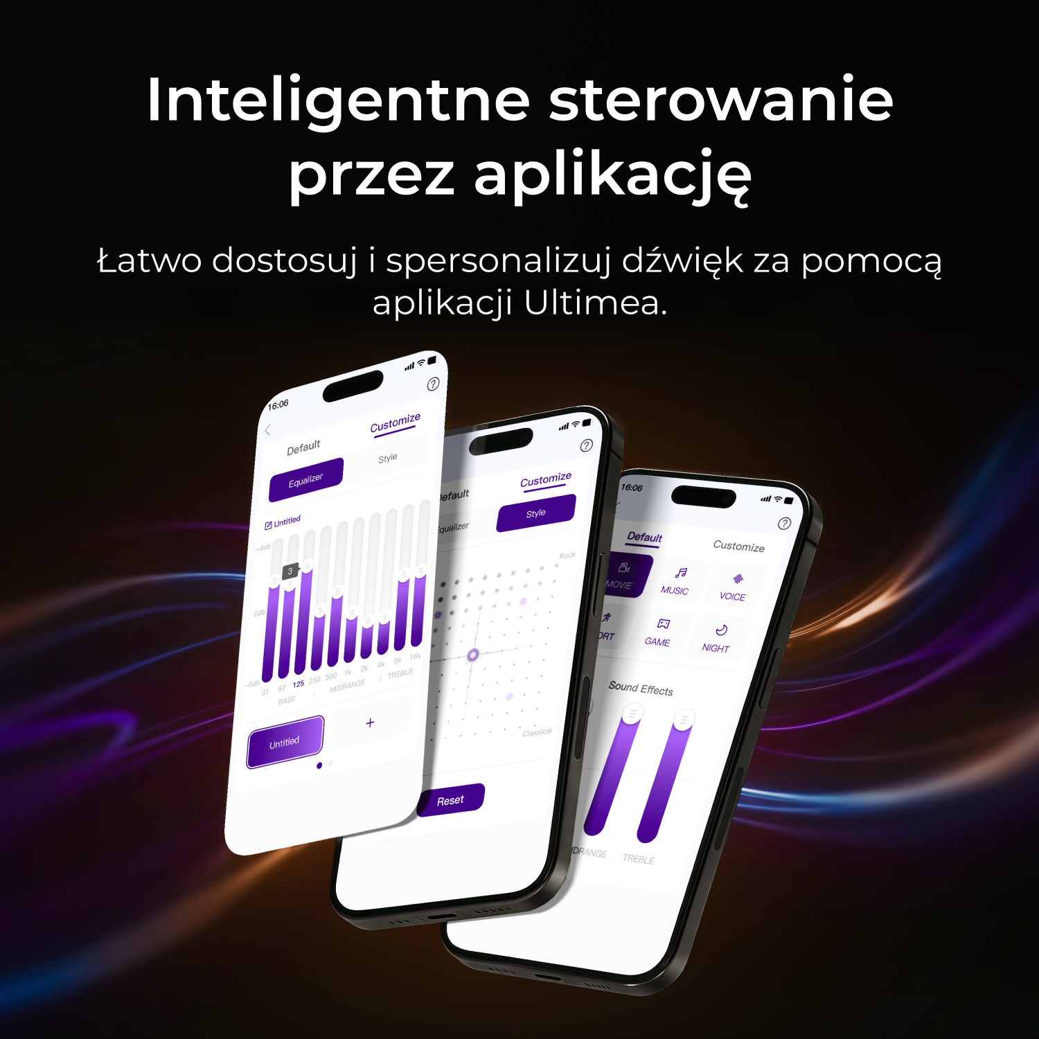 Trzy smartfony wyświetlają aplikację korektora dźwięku z fioletowymi paskami.