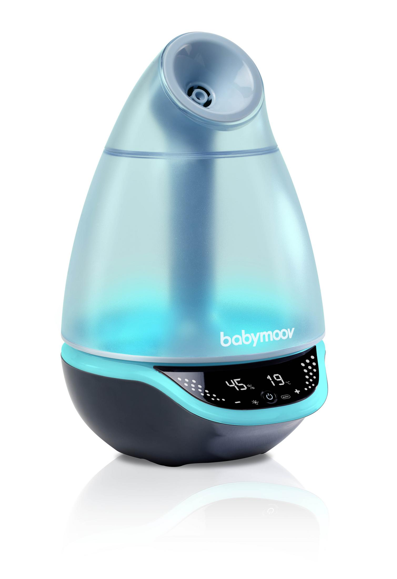 Ein blauer Luftbefeuchter mit LED-Display, das 45% und 19°C anzeigt.