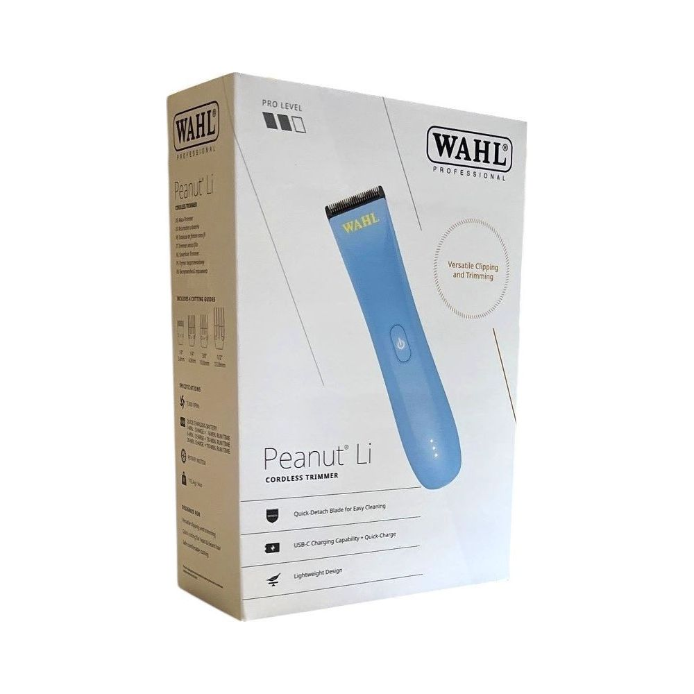 Blauer Wahl Peanut Li Akku-Trimmer auf seiner Verkaufsbox, zeigt Merkmale.
