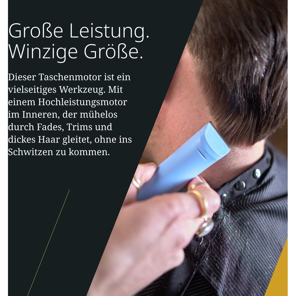 Ein blauer Trimmer schneidet das Haar eines Mannes, während Text auf Deutsch erscheint.
