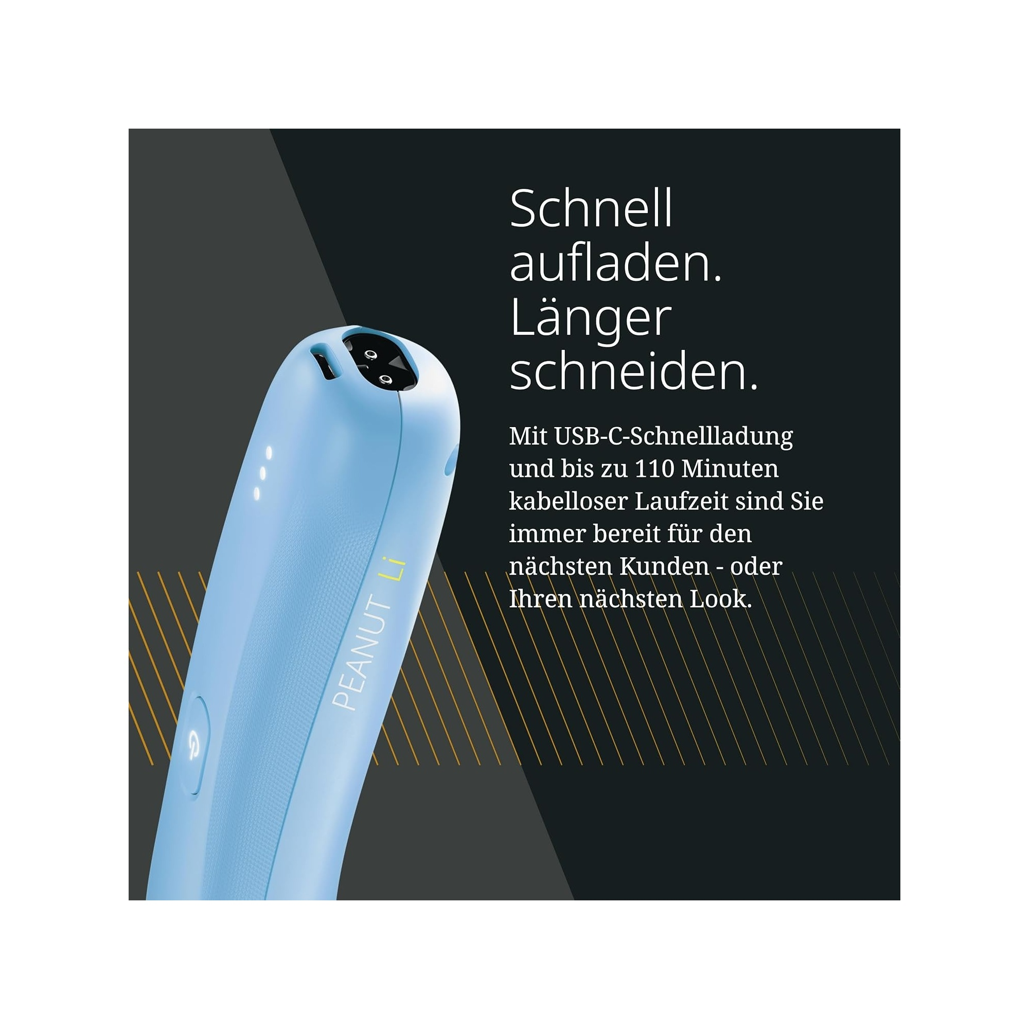 Hellblaue Haarschneidemaschine mit USB-C-Anschluss und Ladeanzeige.