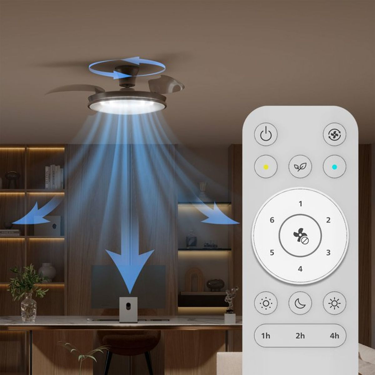 Un ventilatore a soffitto fa circolare l'aria sopra una scrivania con computer e telecomando.
