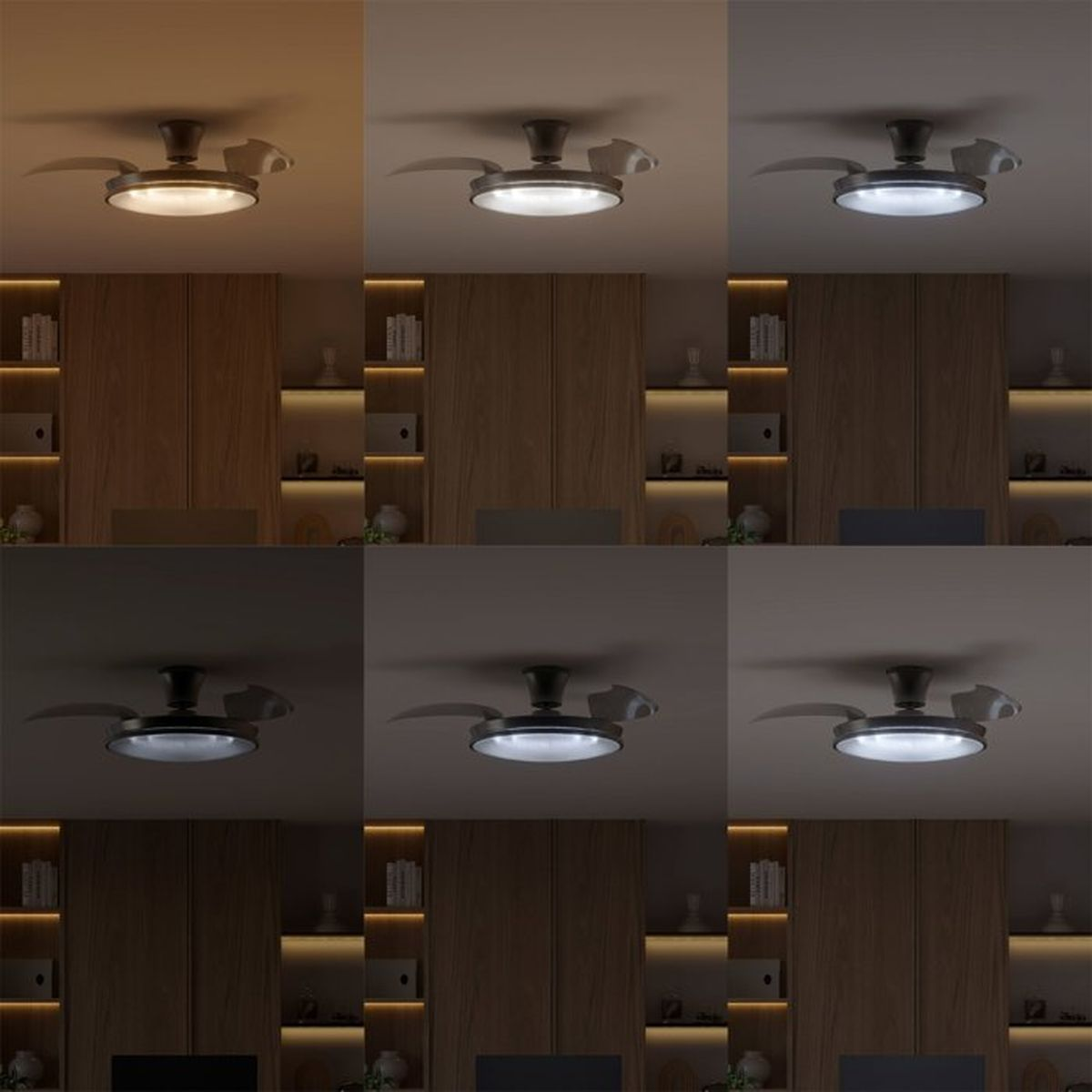 Un ventilatore da soffitto con luce mostrato a vari livelli di luminosità.