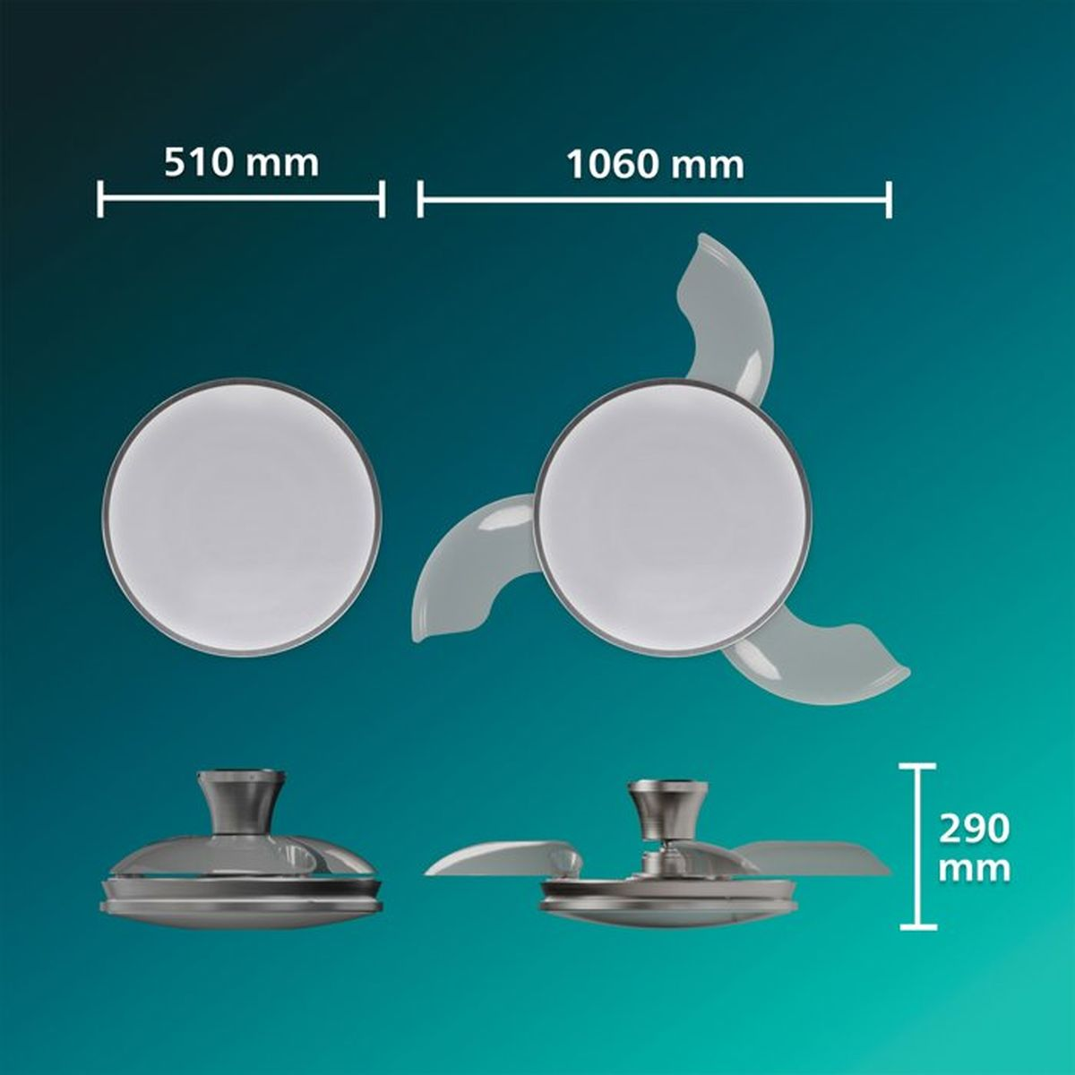 Assemblaggio ventilatore da soffitto: schema con dimensioni.