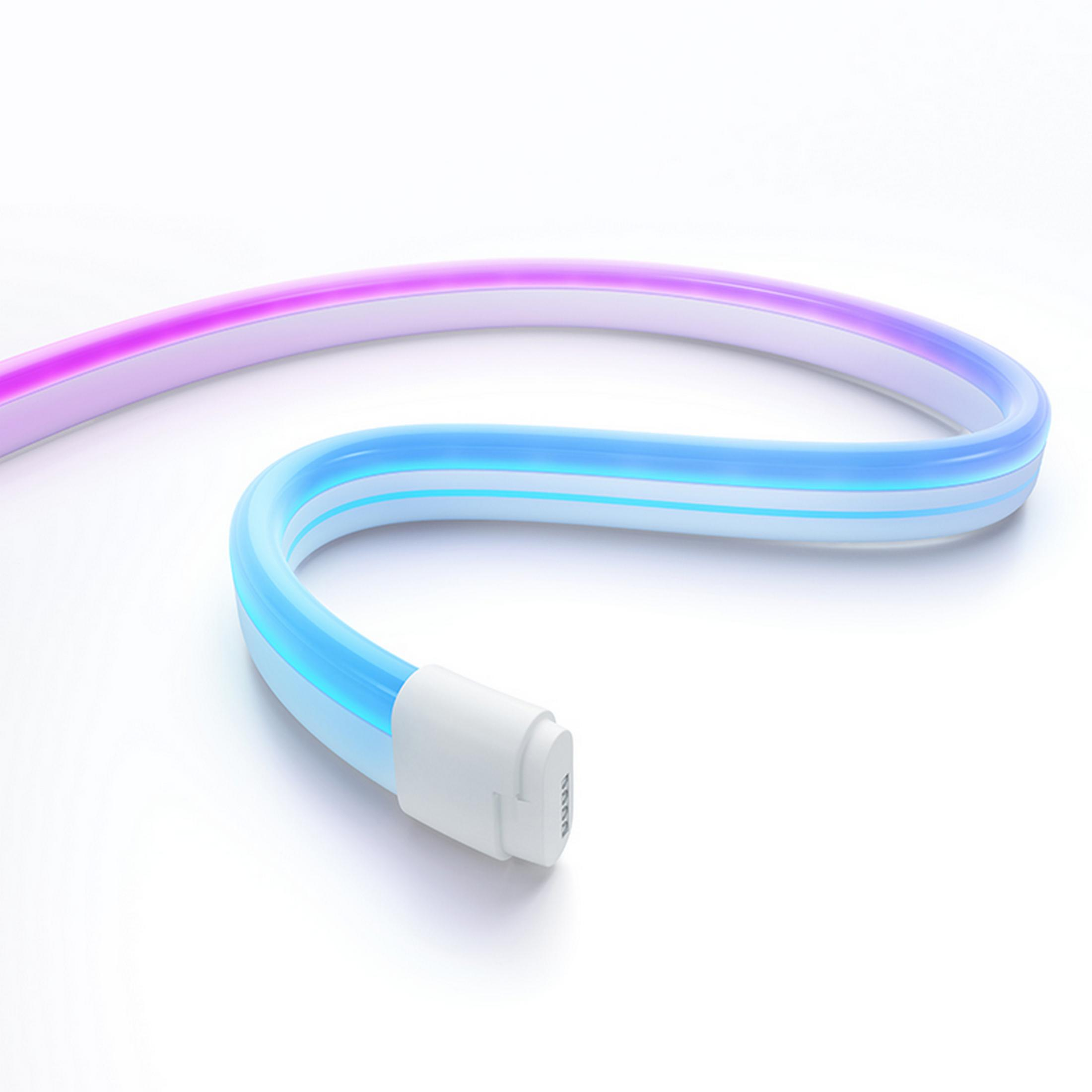 Una tira LED flexible en tonos azules y morados sobre fondo blanco.