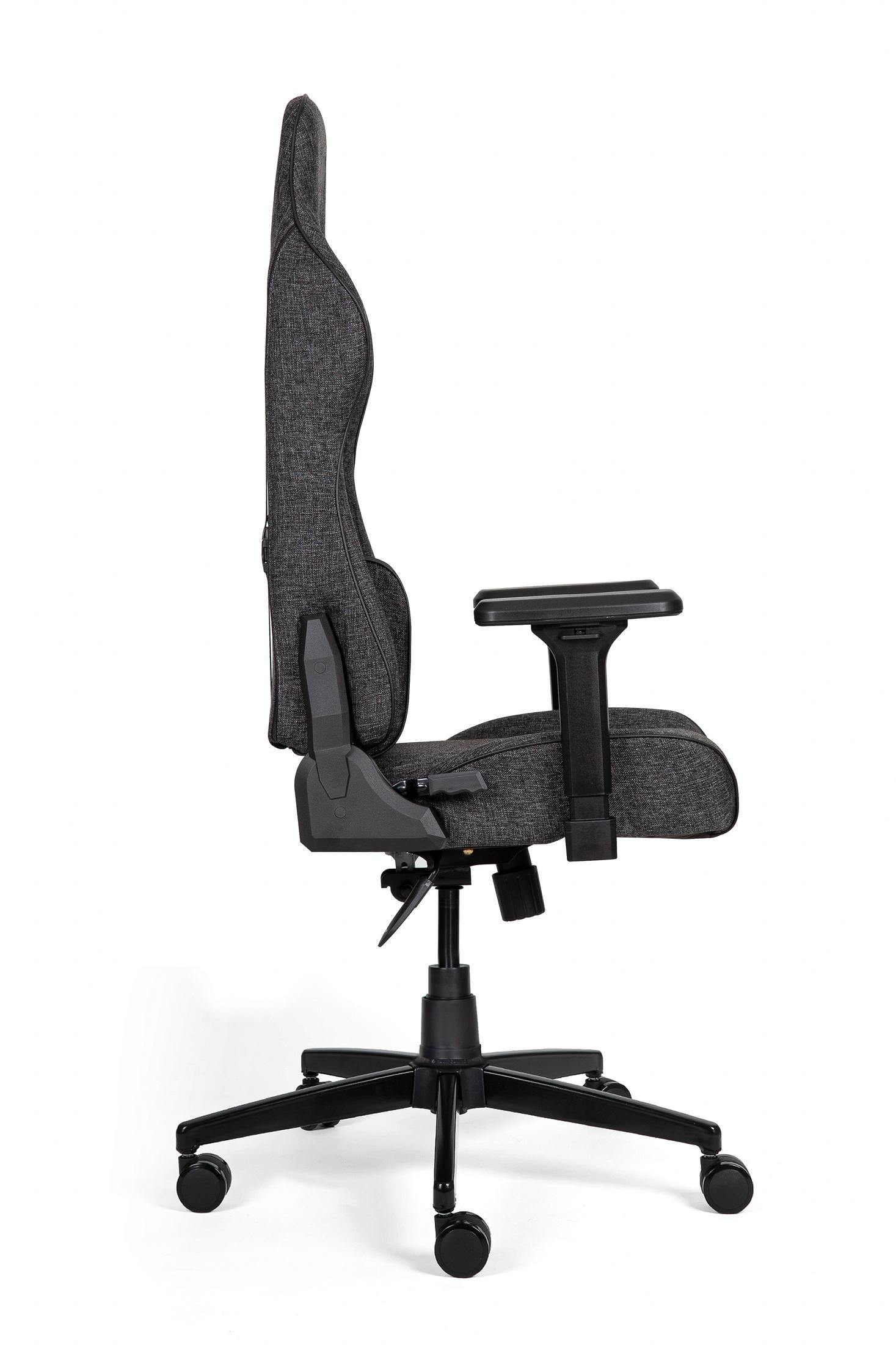 Kollukları ve tekerlekleri olan koyu gri ofis koltuğu profili.