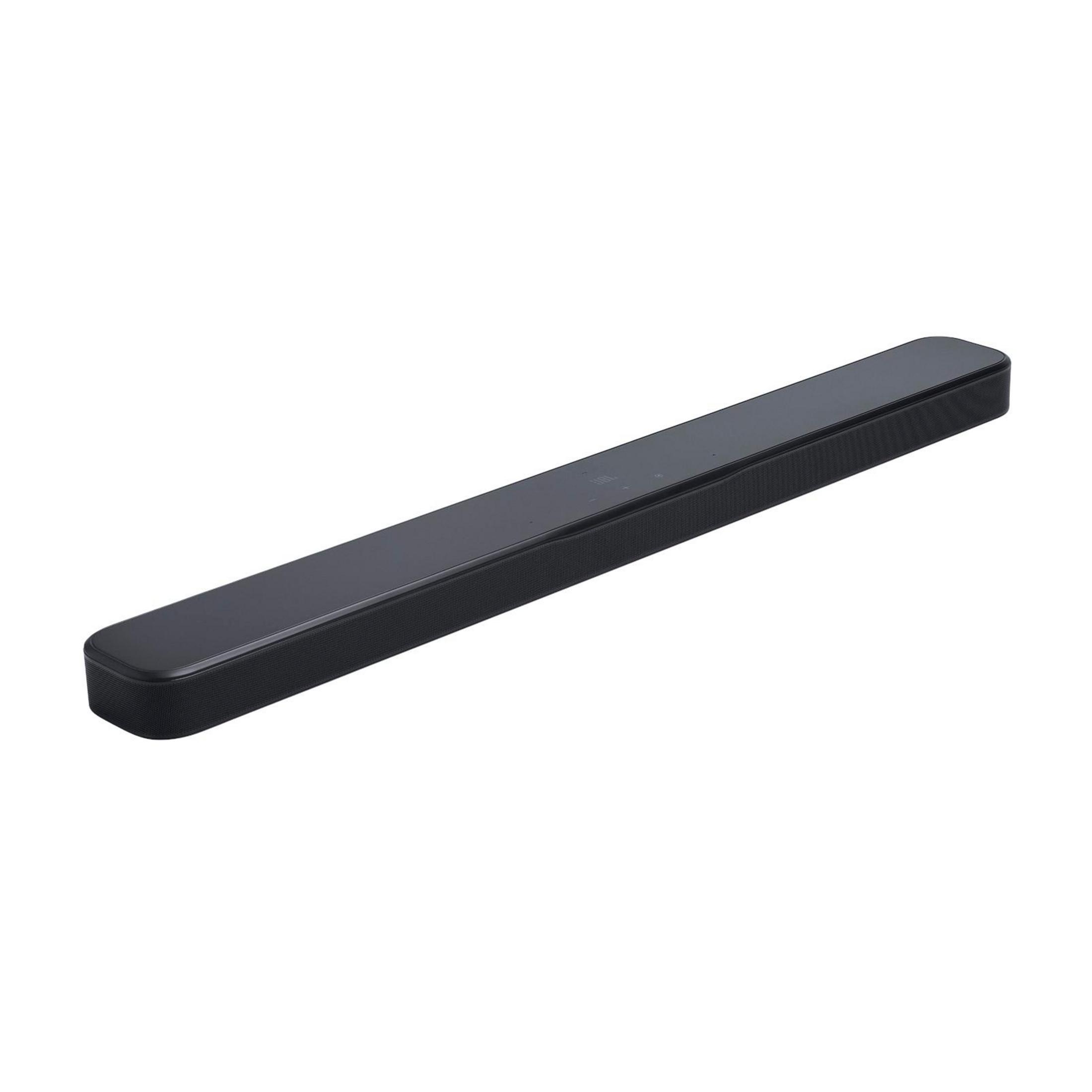 Una soundbar nera con logo JBL su sfondo bianco.