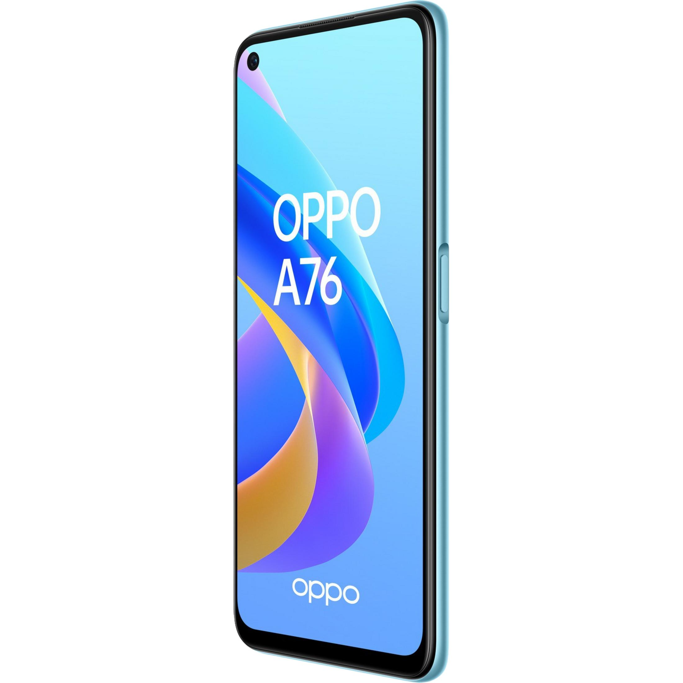 Un smartphone OPPO A76 azul claro con un fondo de pantalla abstracto y colorido.