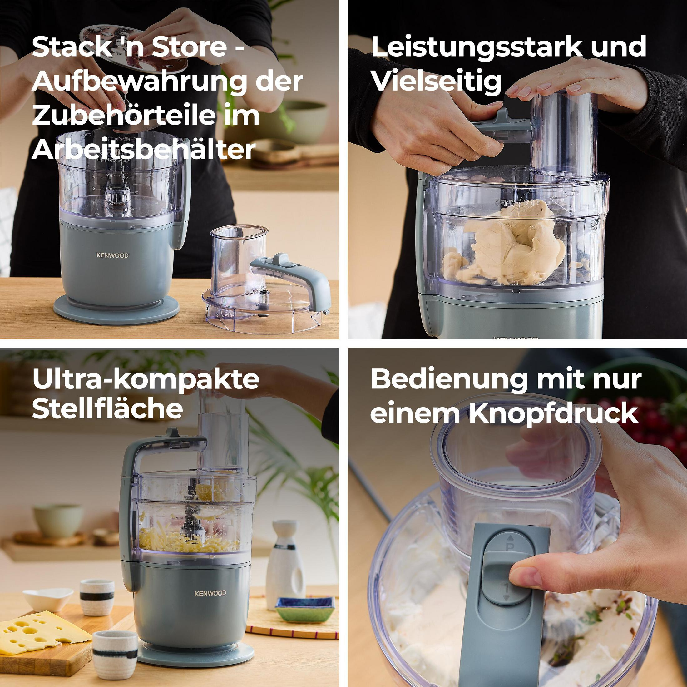 Ein Küchengerät mit Zubehör im Behälter, Teig, geriebener Käse.