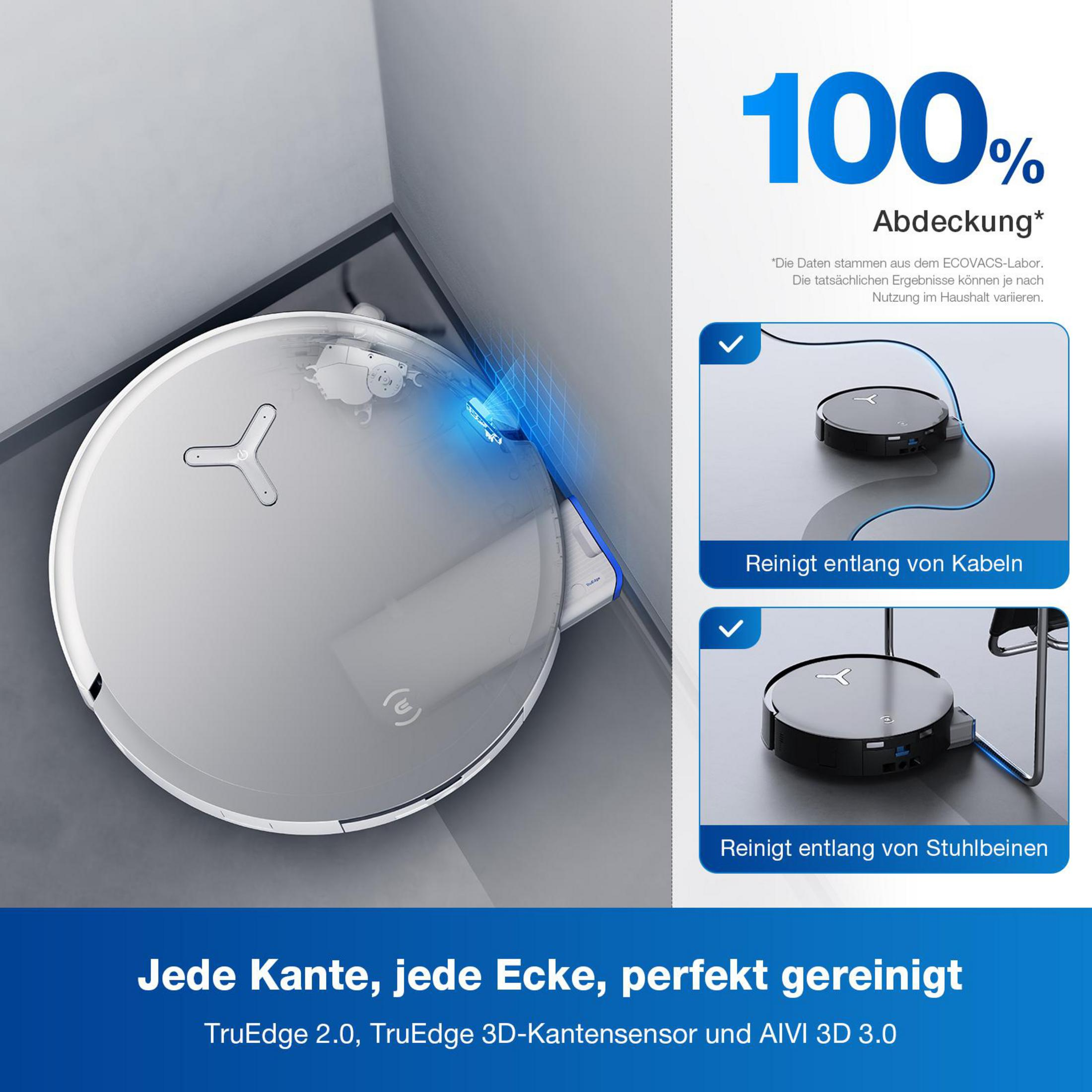 Ein weißer Saugroboter reinigt eine Ecke. 100% Abdeckung.