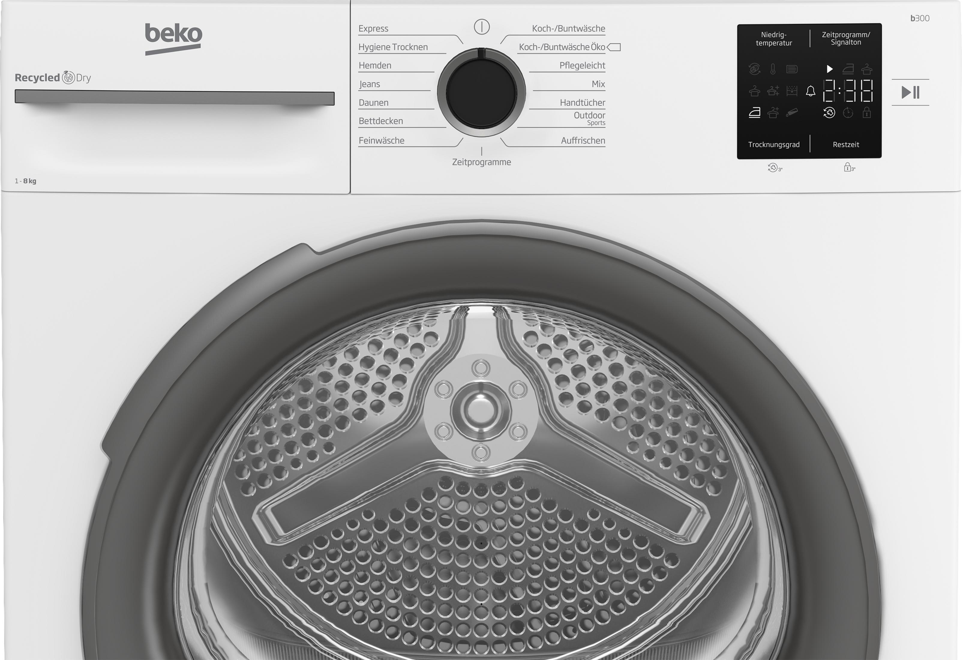 Weiße Beko Waschmaschine mit Display und Programmwahl. Trommel sichtbar.