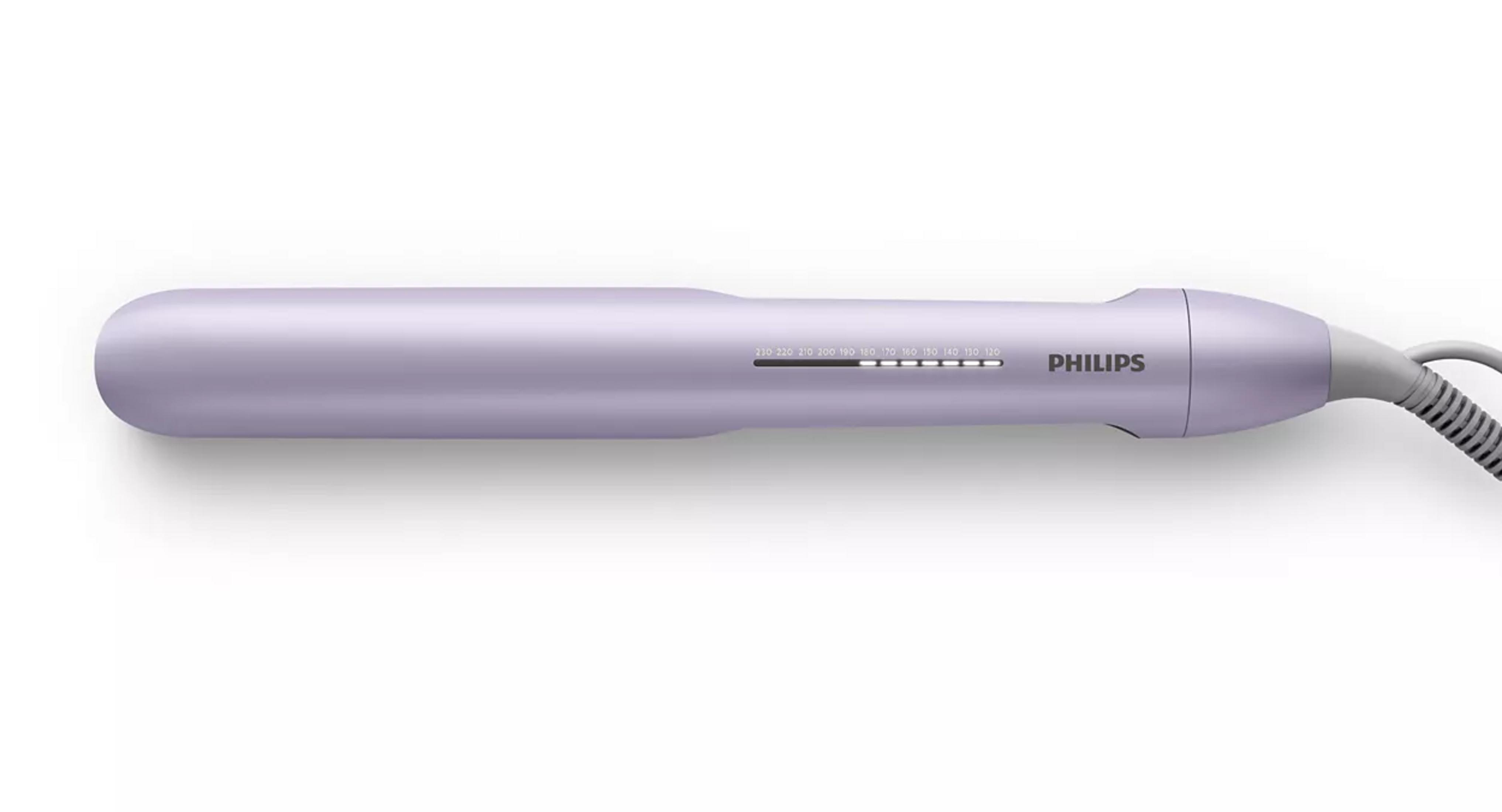 Ein lila Philips Glätteisen mit Temperatureinstellung und Kabel.