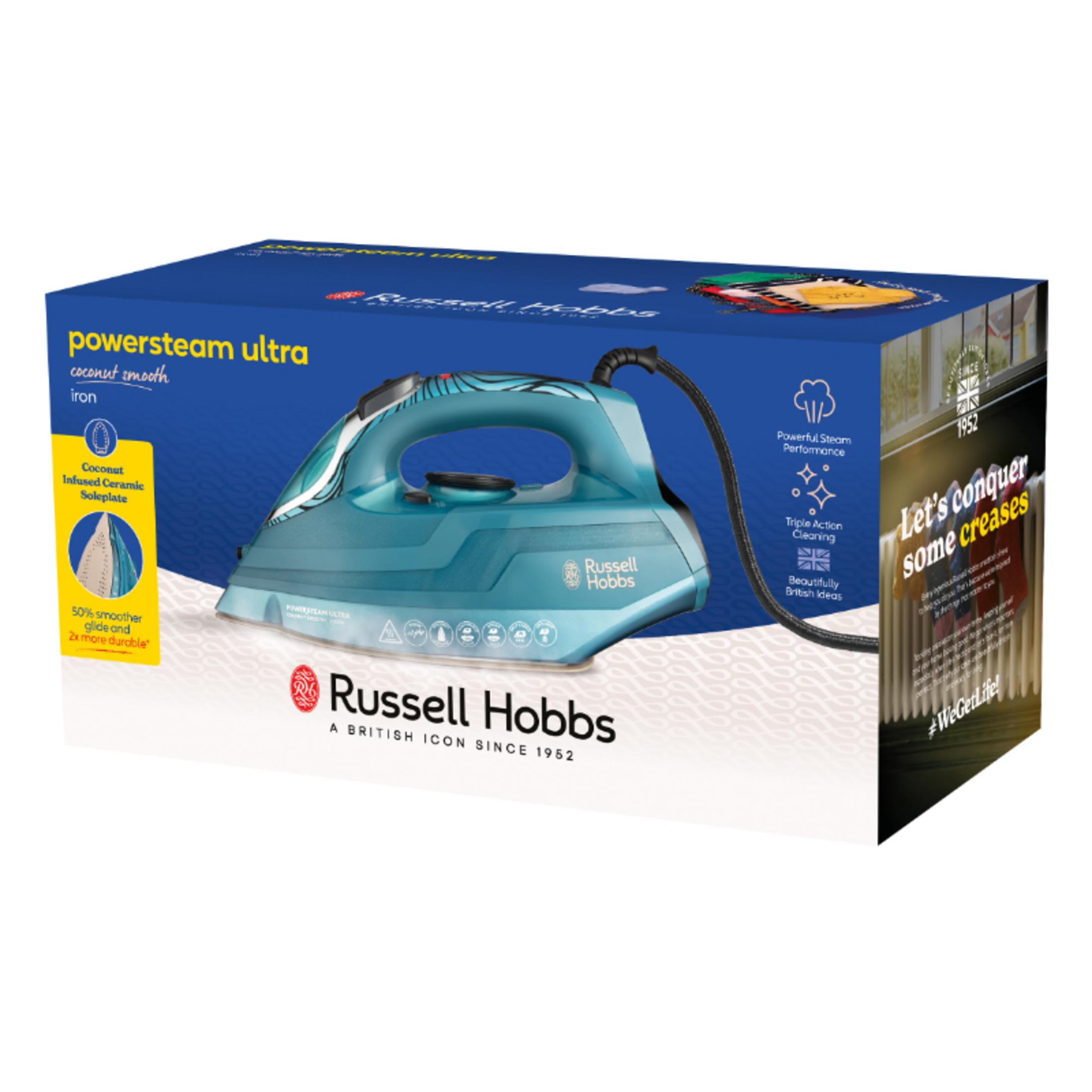 Turkuaz Russell Hobbs ütüsünün ambalajı, ürün özellikleri ve markasını gösteriyor.