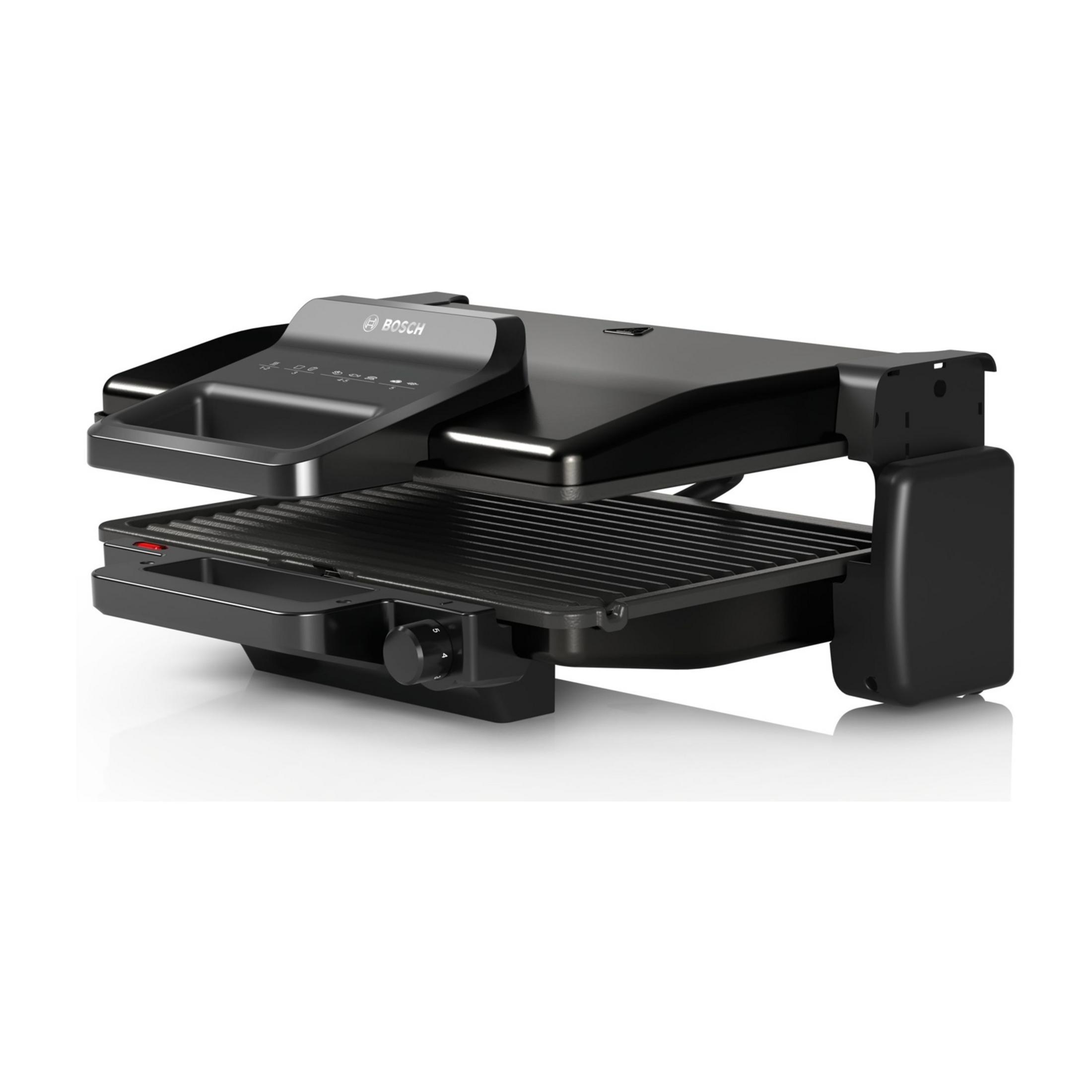 Ein schwarzer Kontaktgrill mit Bosch-Logo, geöffnet, mit Grillplatten.