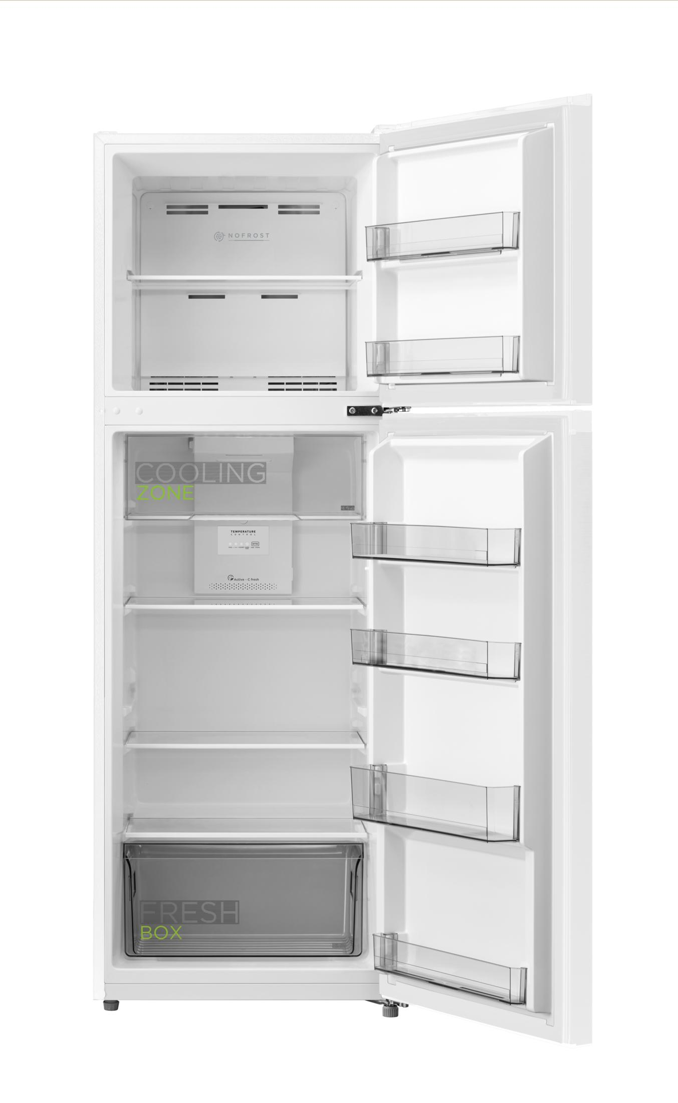 Un frigorifero bianco con porta aperta, interno vuoto e pulito.