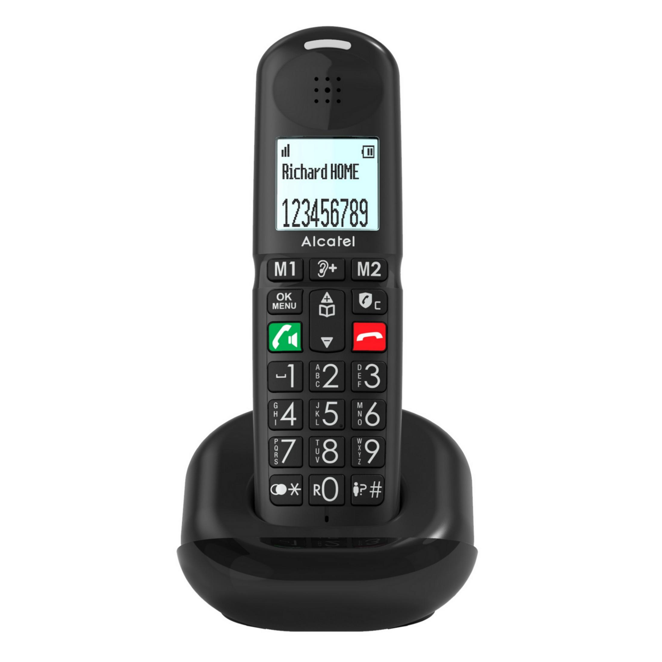 Czarny telefon bezprzewodowy z dużym wyświetlaczem i przyciskami na stacji ładującej.
