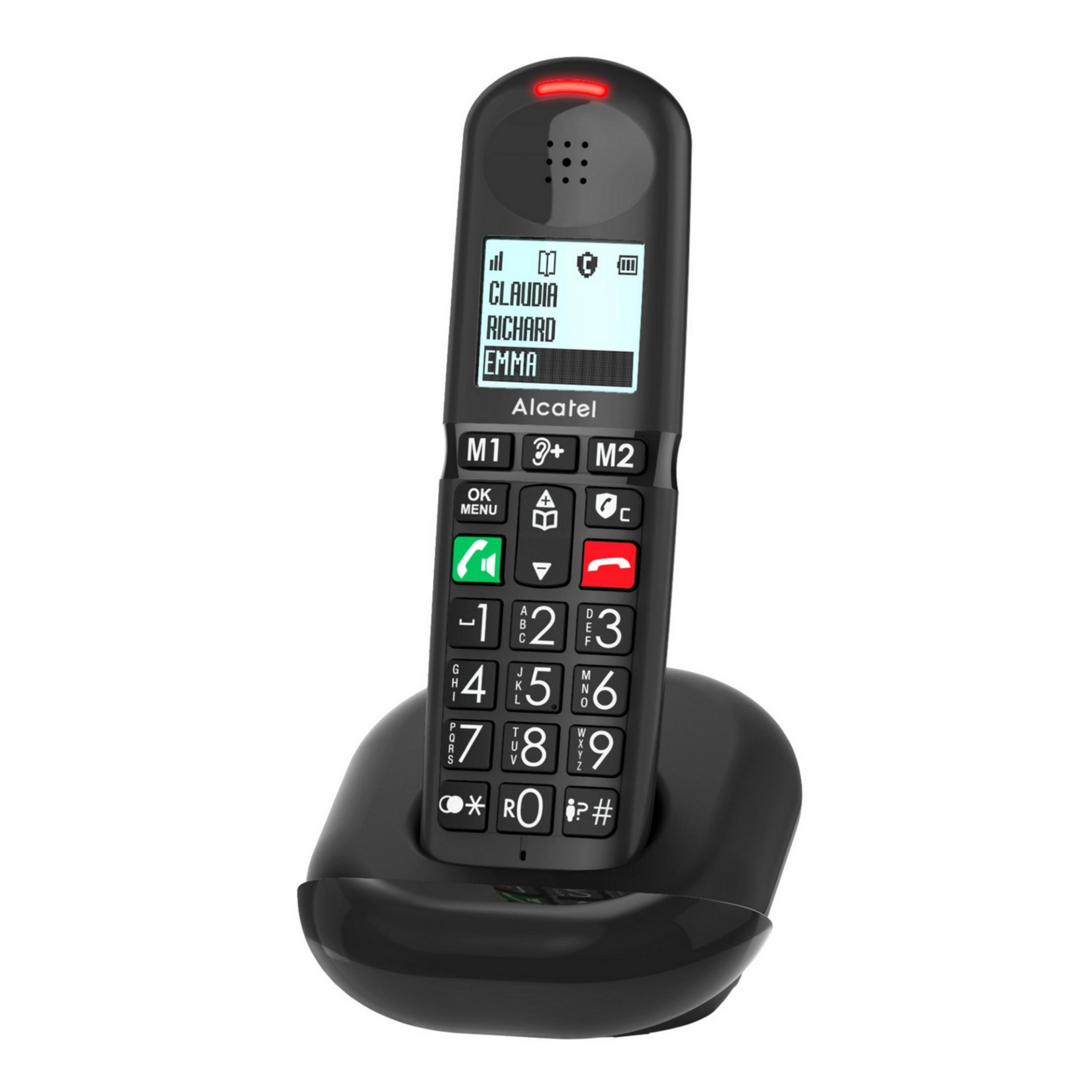 Czarny telefon bezprzewodowy z przyciskami i wyświetlaczem pokazującym imiona.