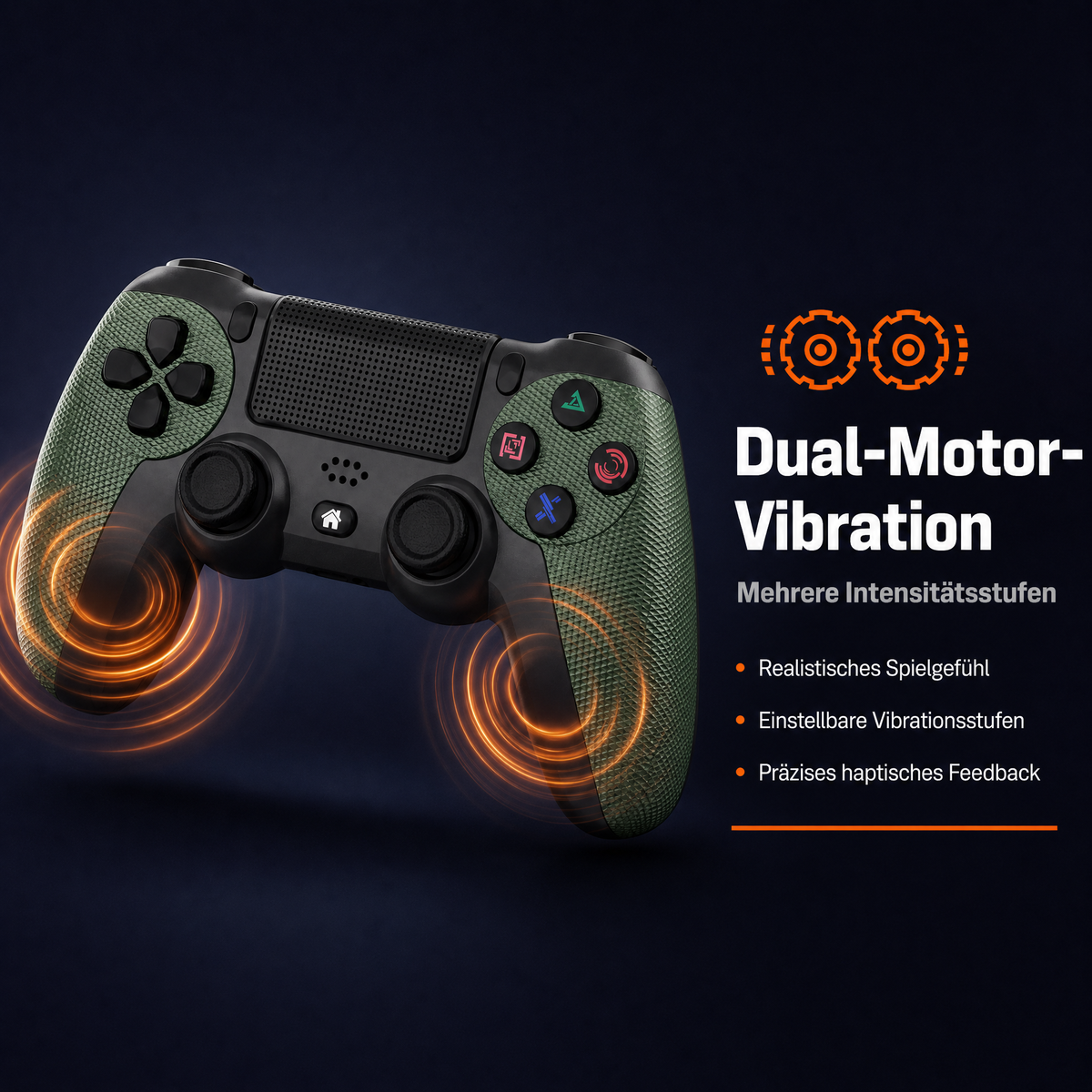 Ein grüner Controller mit Dual-Motor-Vibration und orangen Ringen. Text über Vibration.