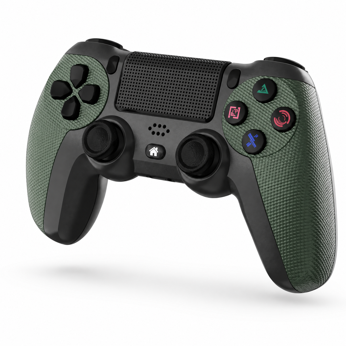 Ein dunkelgrüne und schwarze Videospiel-Controller mit texturierten Griffen und bunten Tasten.